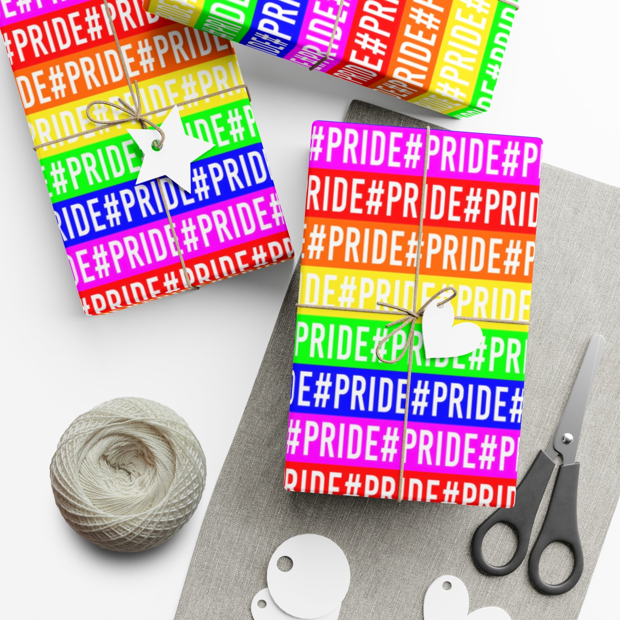 Colorful Pride wrapping paper featuring vibrant rainbow colors, available in satin and matte finishes.