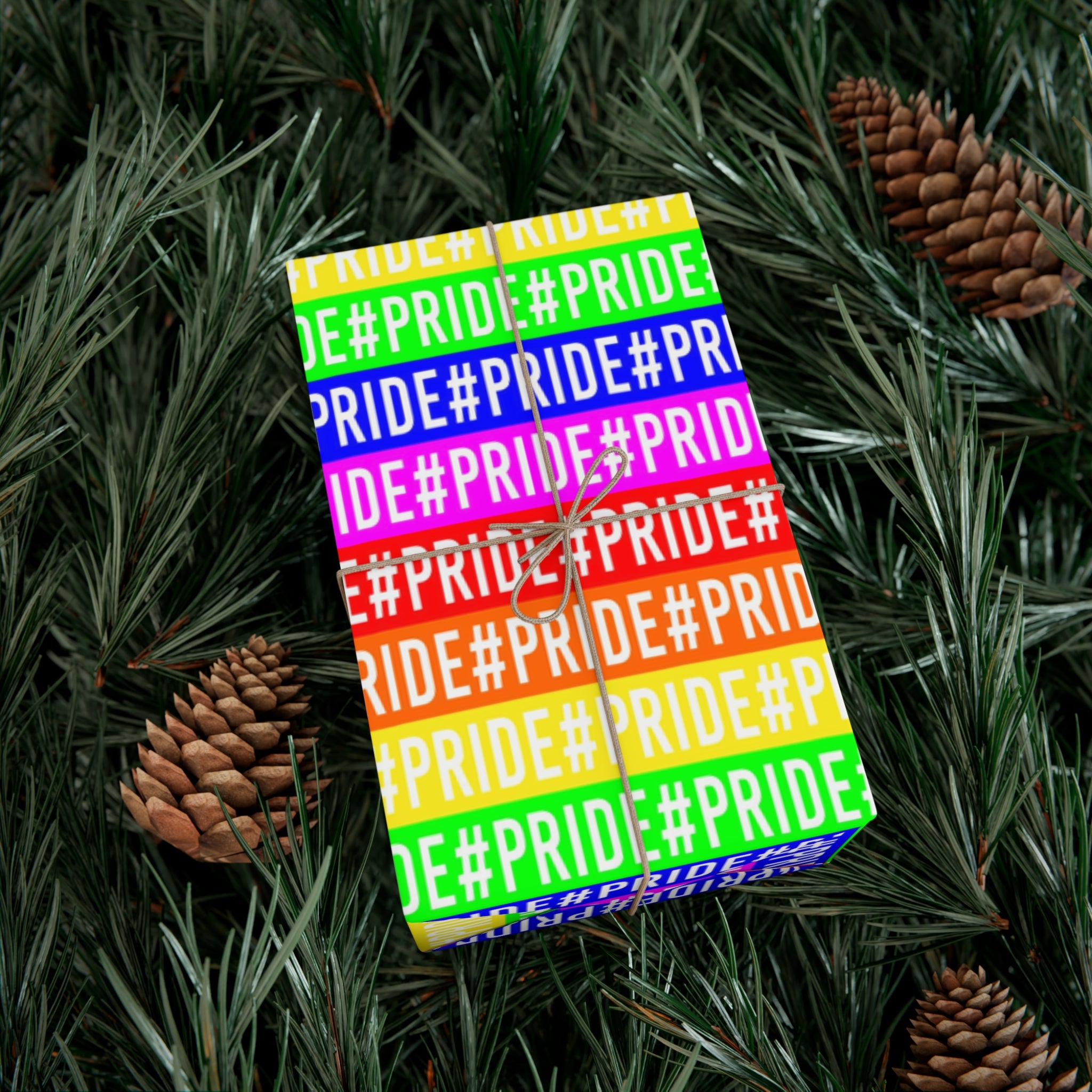 Colorful Pride wrapping paper featuring vibrant rainbow colors, available in satin and matte finishes.