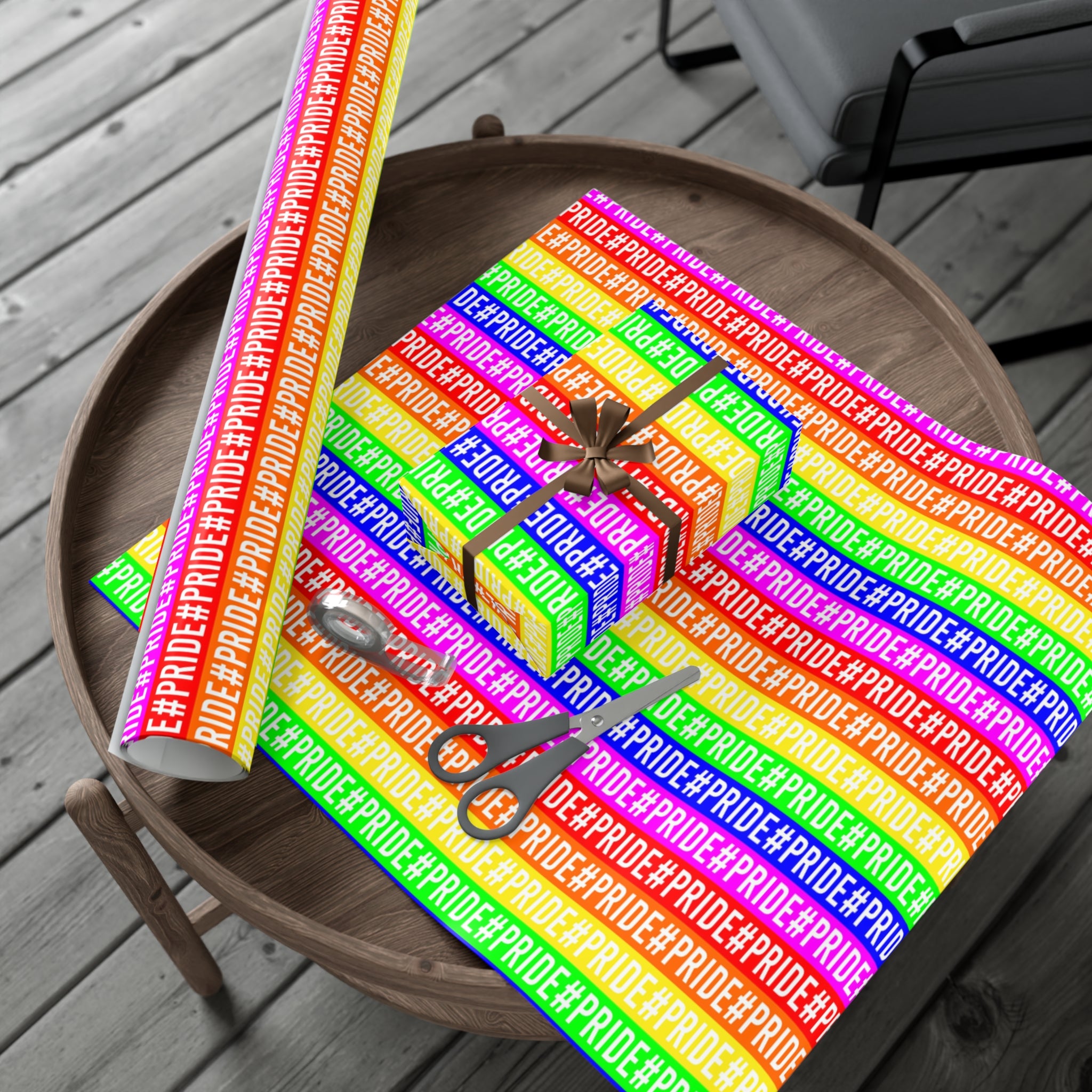 Colorful Pride wrapping paper featuring vibrant rainbow colors, available in satin and matte finishes.