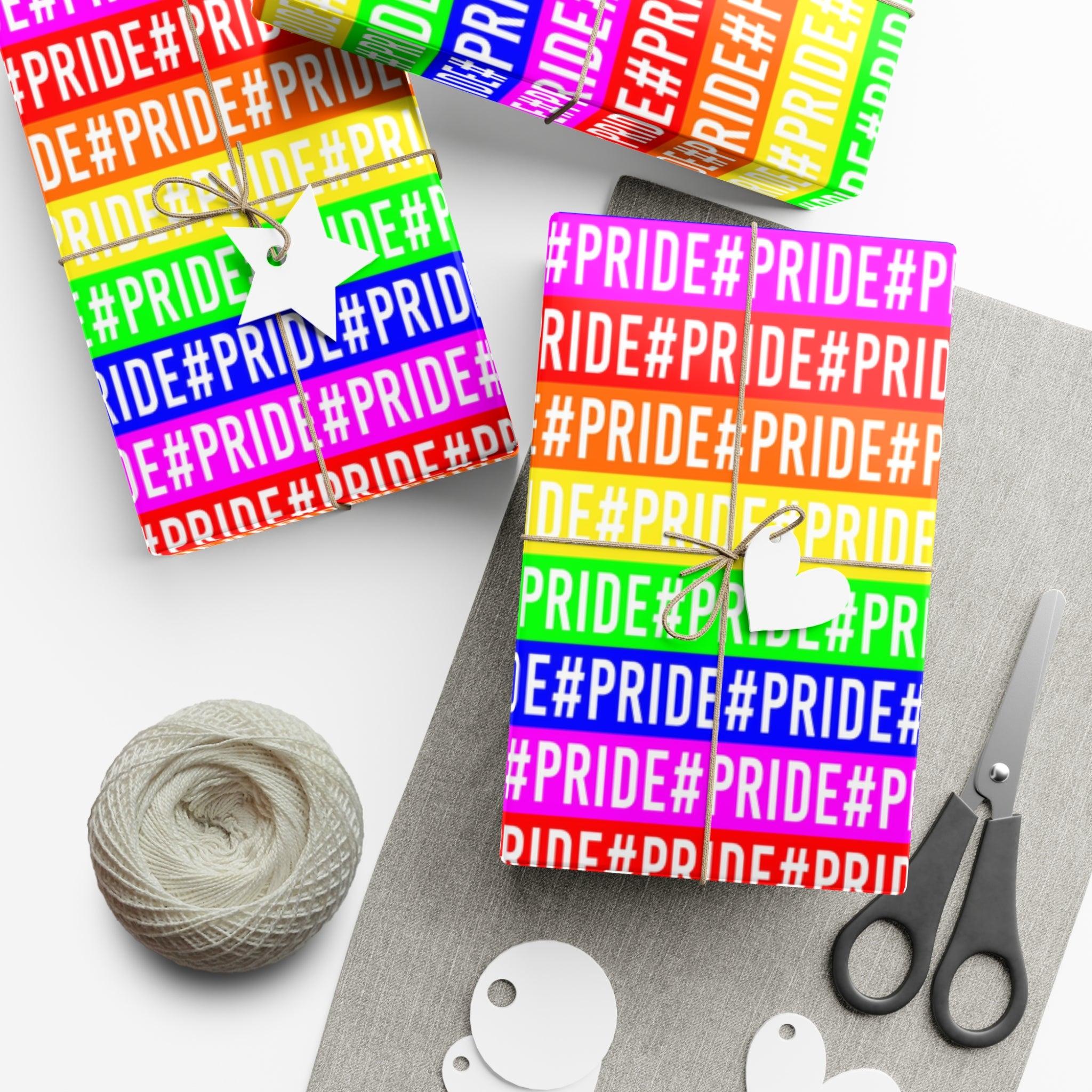 Colorful Pride wrapping paper featuring vibrant rainbow colors, available in satin and matte finishes.