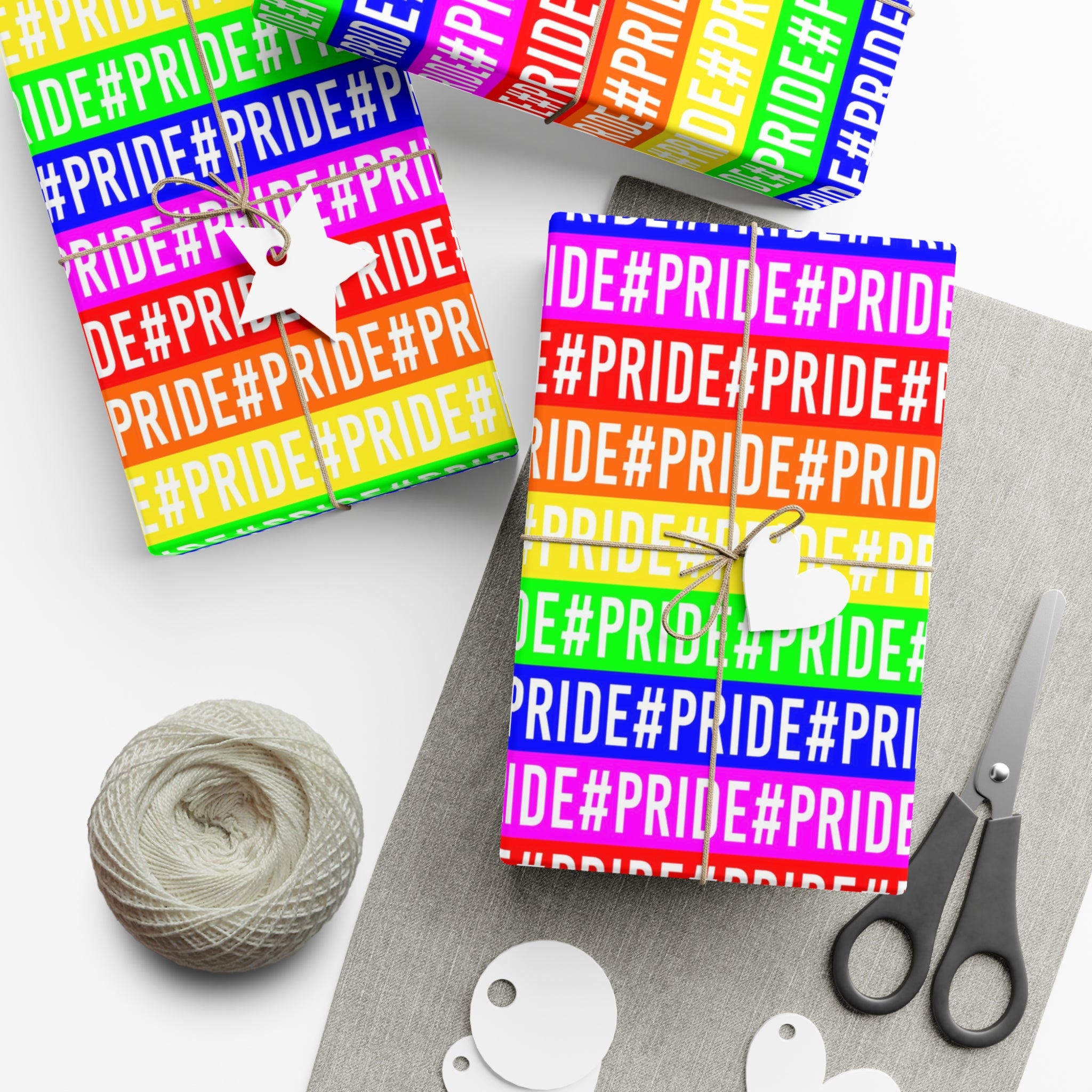 Colorful Pride wrapping paper featuring vibrant rainbow colors, available in satin and matte finishes.