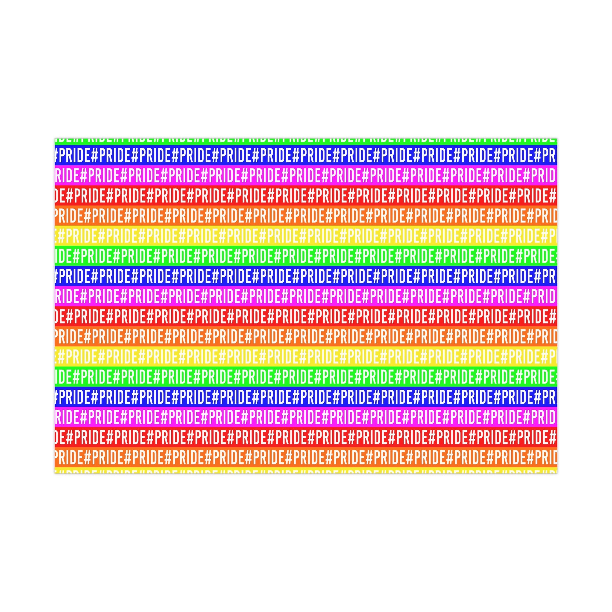 Colorful Pride wrapping paper featuring vibrant rainbow colors, available in satin and matte finishes.