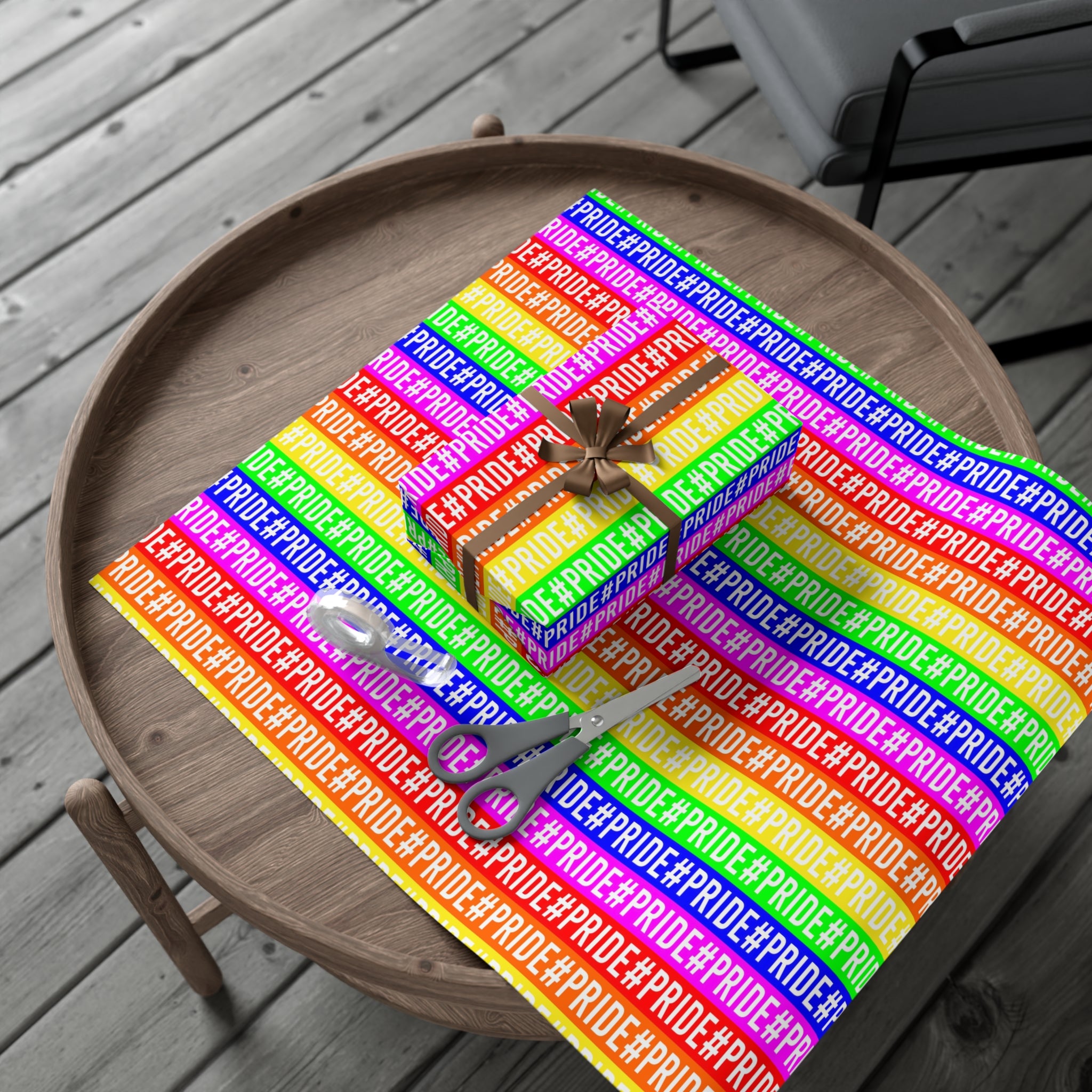 Colorful Pride wrapping paper featuring vibrant rainbow colors, available in satin and matte finishes.