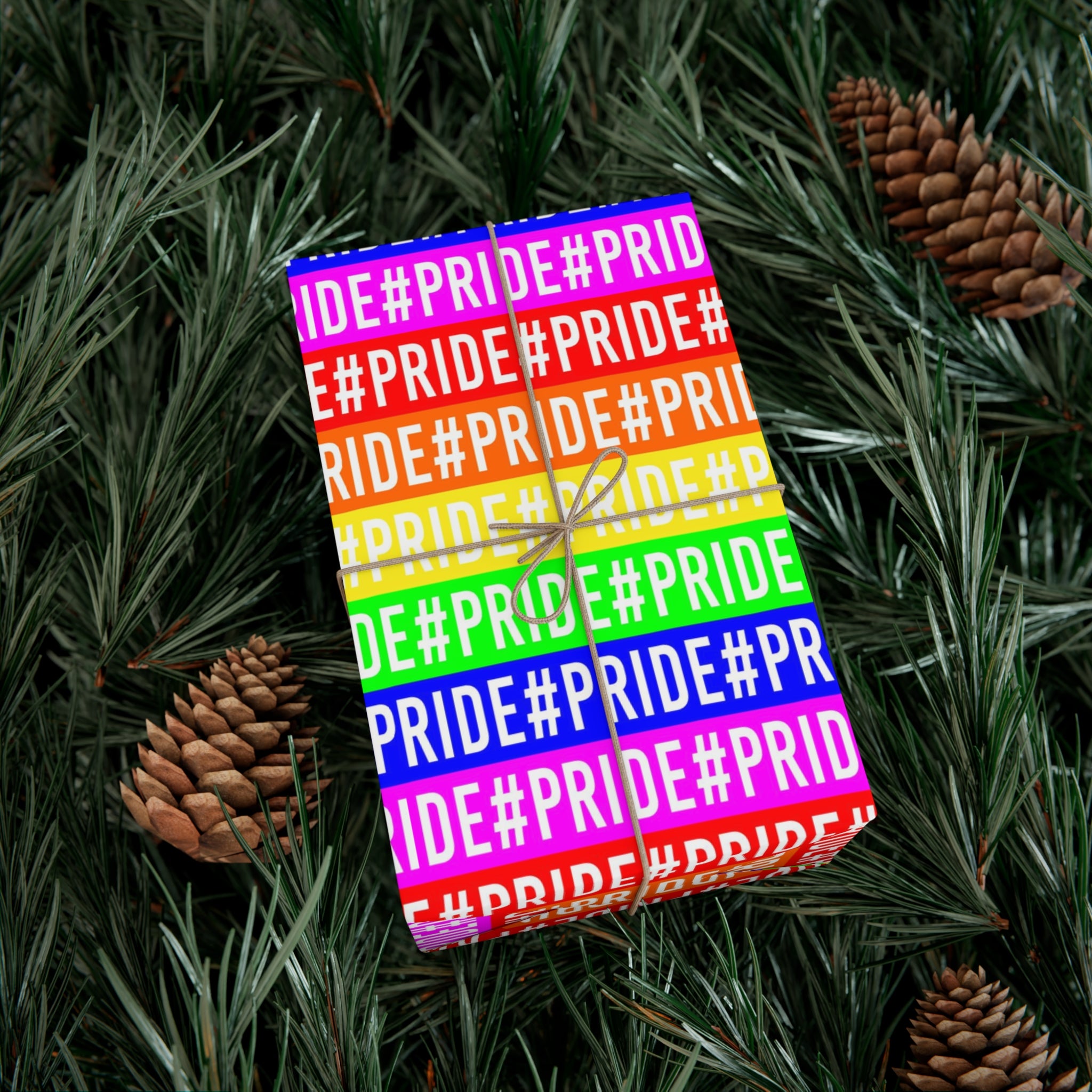 Colorful Pride wrapping paper featuring vibrant rainbow colors, available in satin and matte finishes.