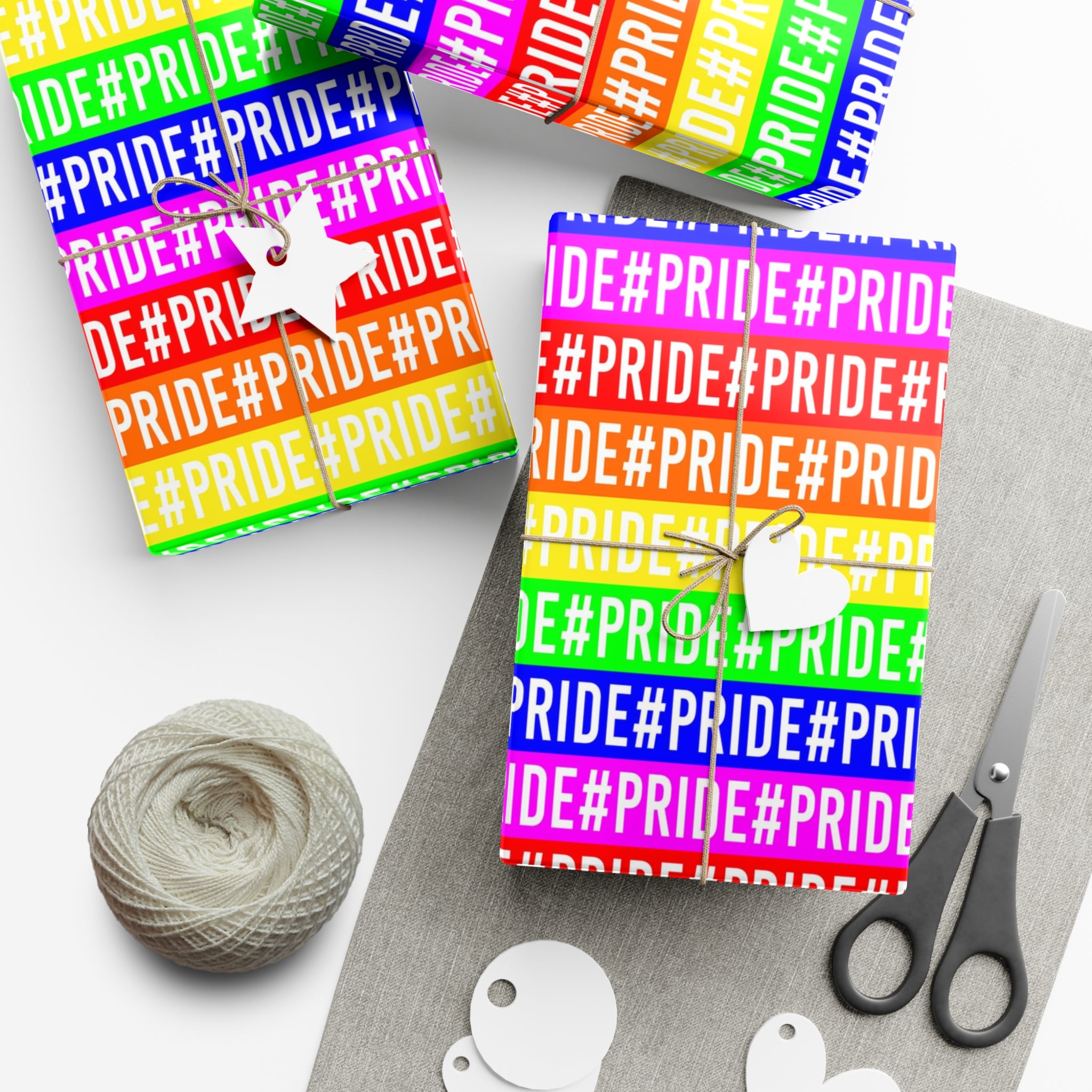 Colorful Pride wrapping paper featuring vibrant rainbow colors, available in satin and matte finishes.