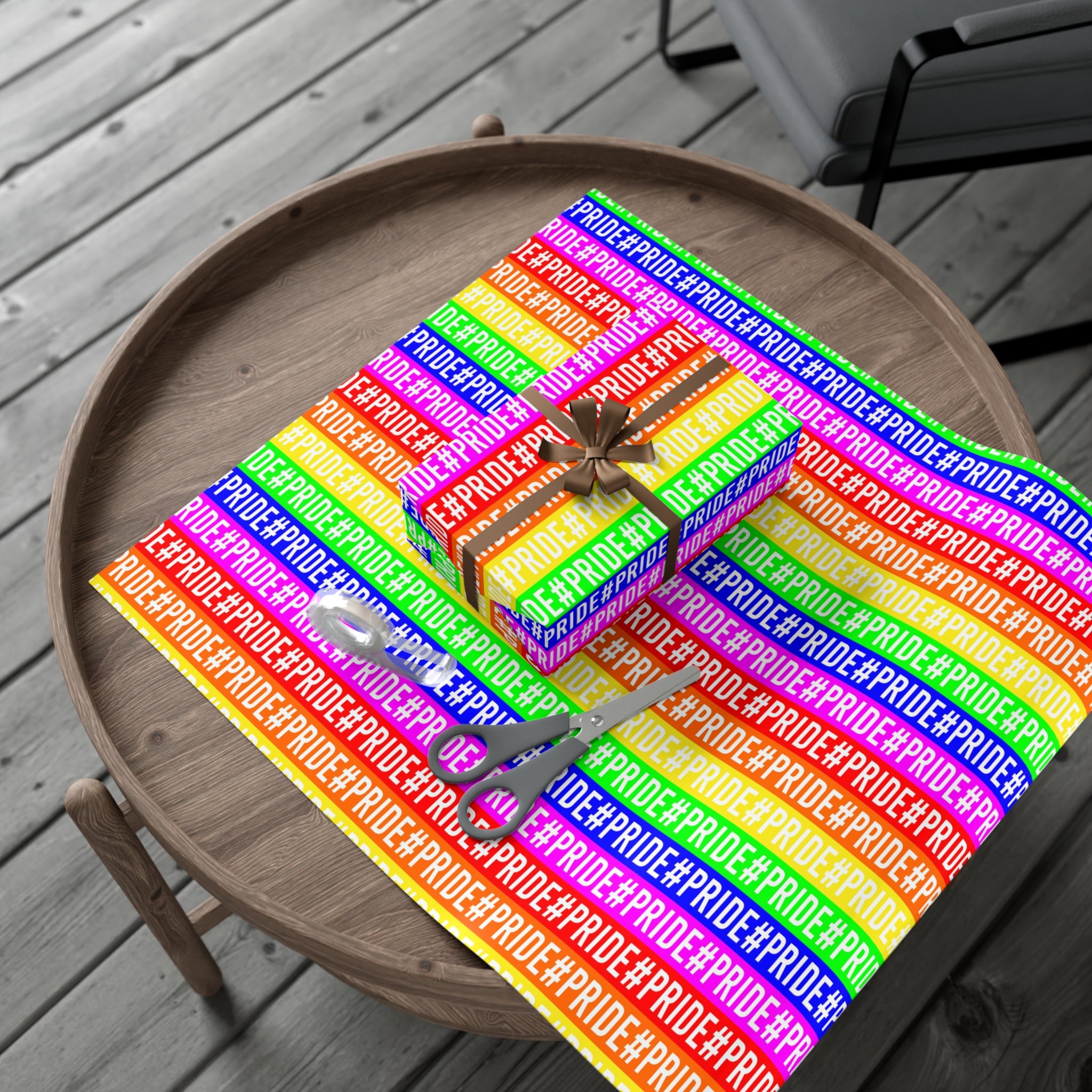 Colorful Pride wrapping paper featuring vibrant rainbow colors, available in satin and matte finishes.