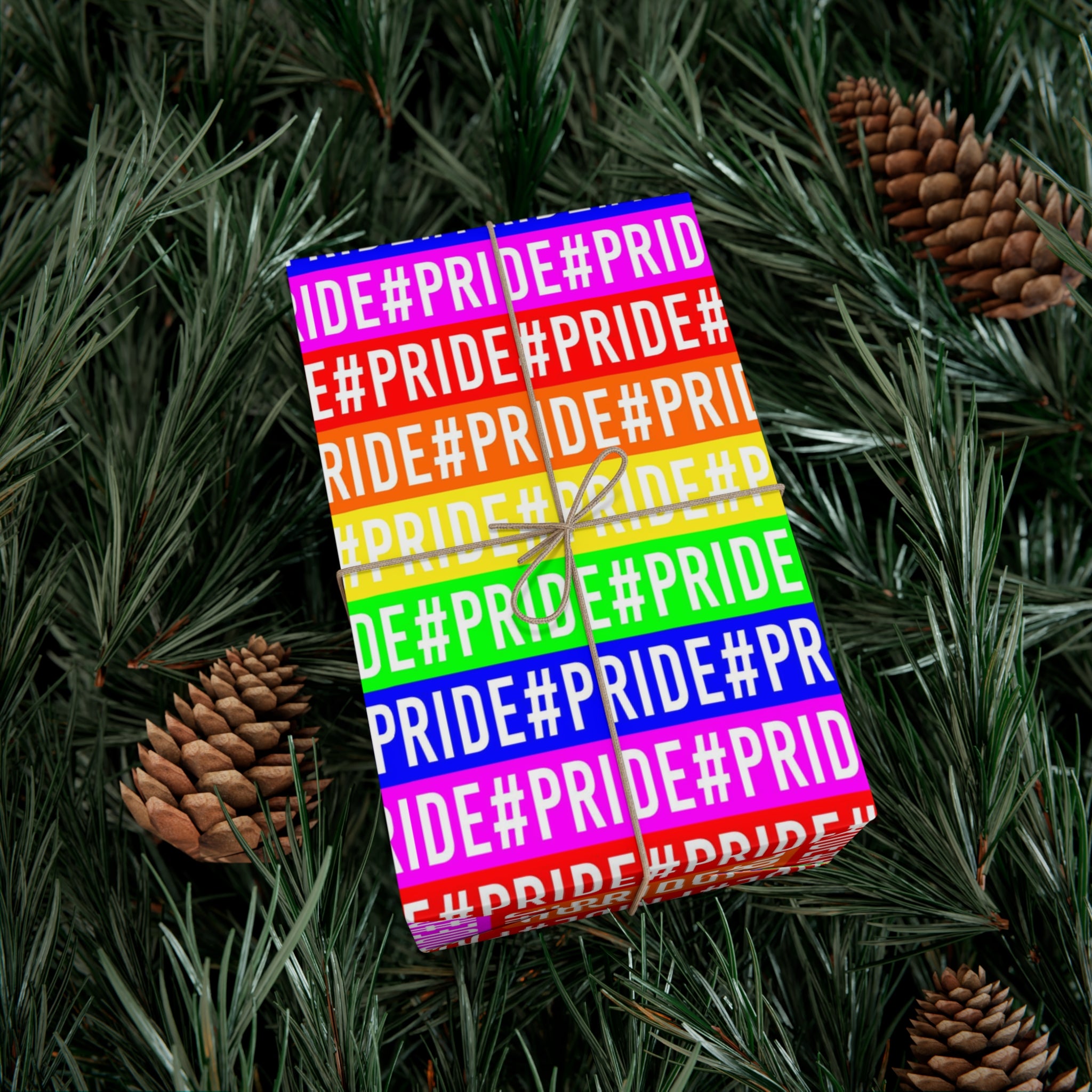 Colorful Pride wrapping paper featuring vibrant rainbow colors, available in satin and matte finishes.