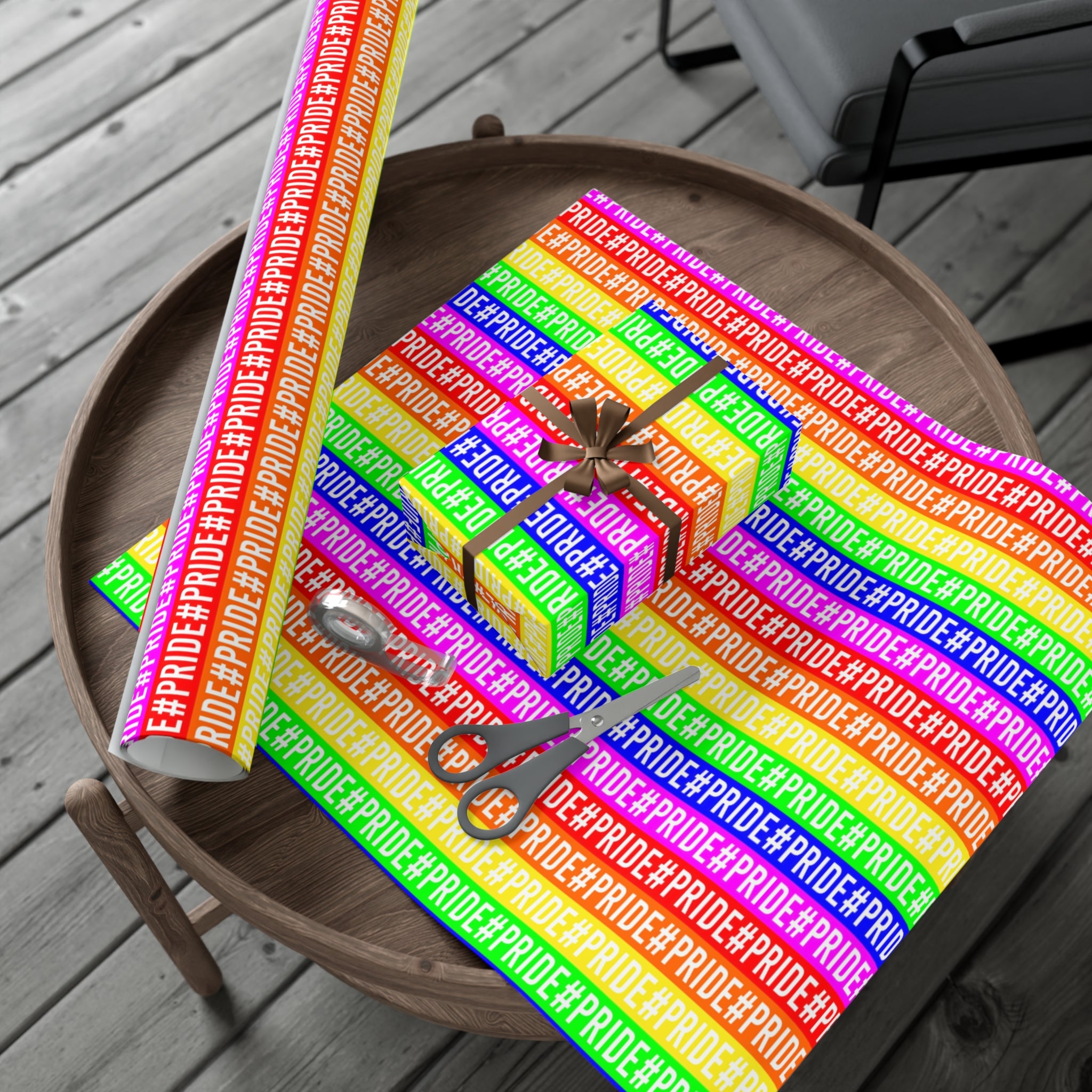 Colorful Pride wrapping paper featuring vibrant rainbow colors, available in satin and matte finishes.