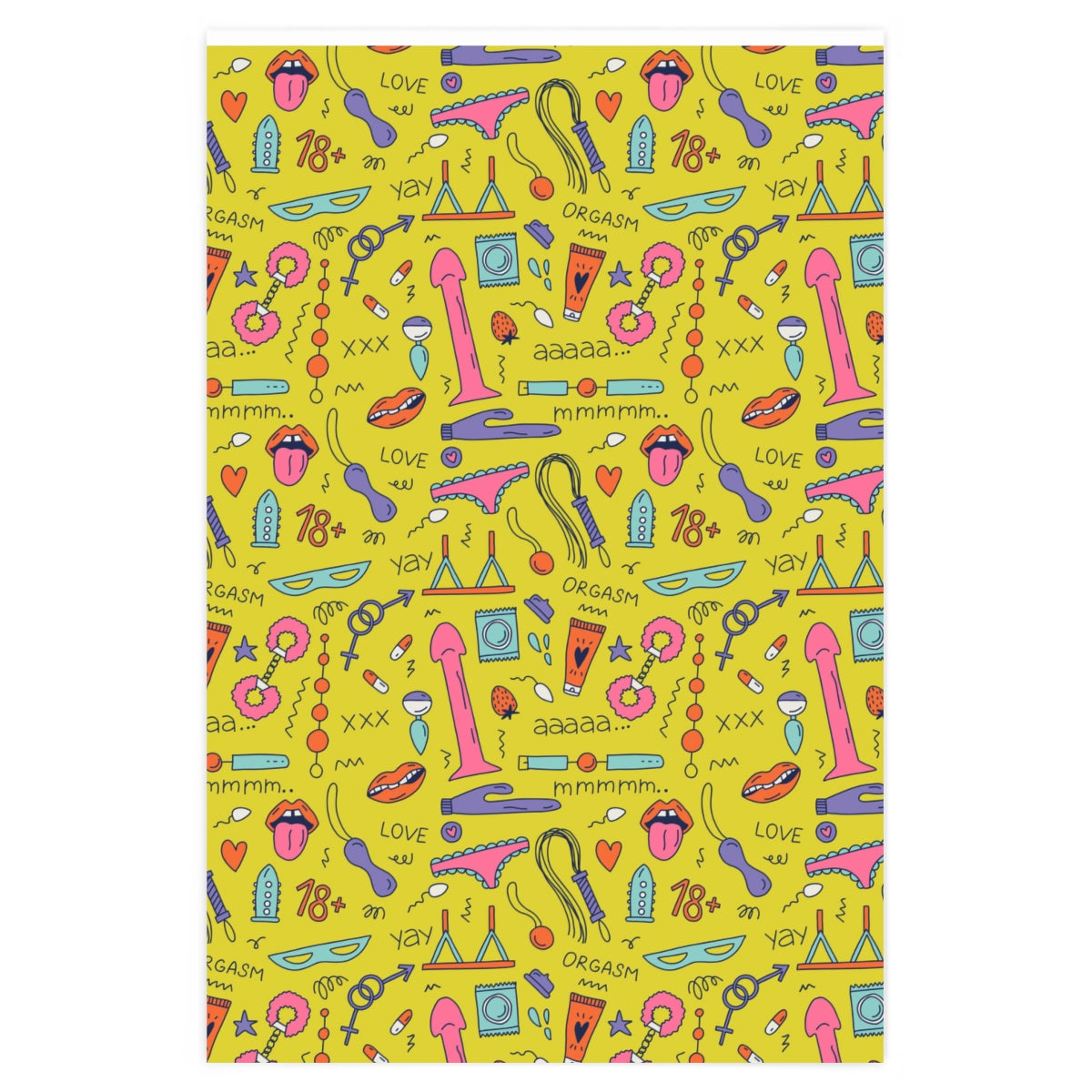 Colorful Sex Shop Wrapping Paper featuring dildos, handcuffs, and other playful designs, rolled up for easy storage.