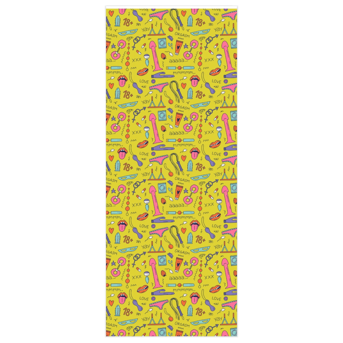 Colorful Sex Shop Wrapping Paper featuring dildos, handcuffs, and other playful designs, rolled up for easy storage.