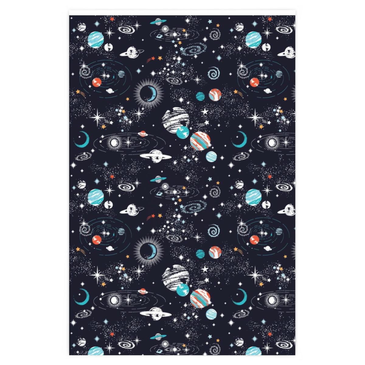 Colorful space-themed wrapping paper featuring stars and planets, rolled up for easy storage.