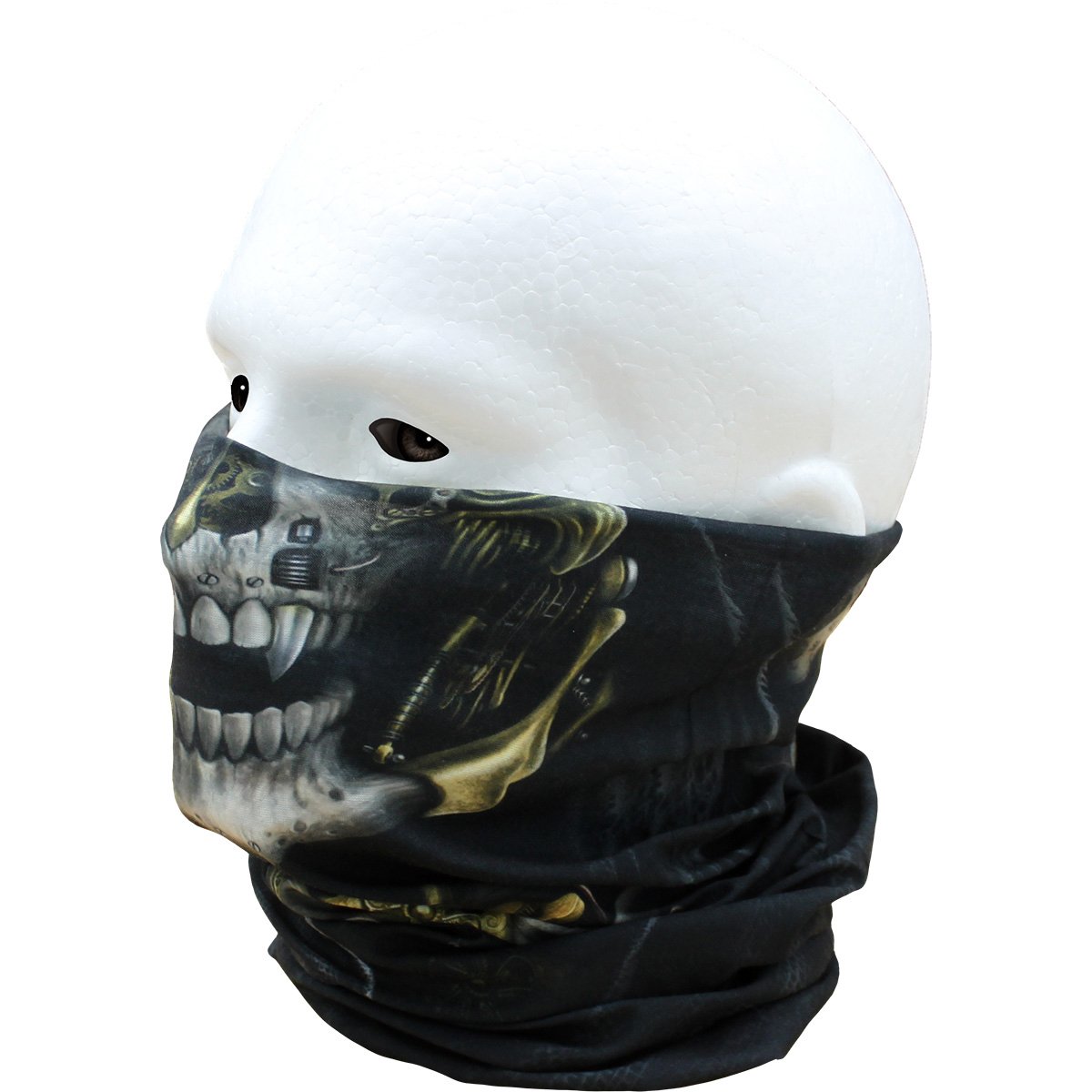 A stylish STEAM PUNK REAPER multifunctional face wrap featuring a Victorian Reaper design with clockwork, brass, and copper elements, suitable for various outdoor activities.