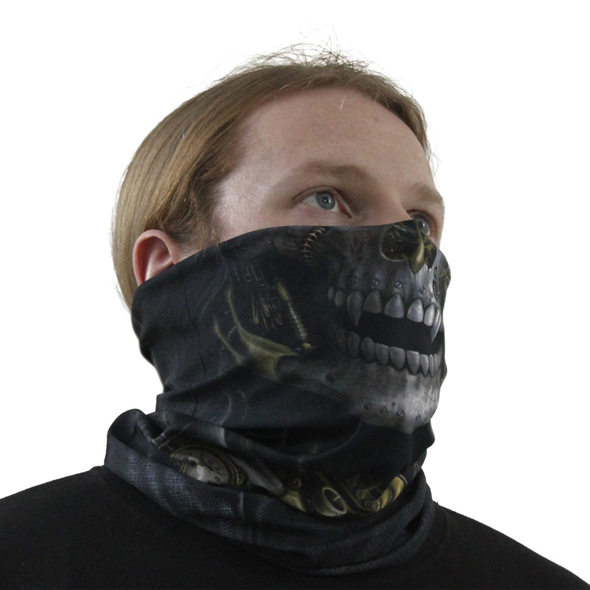 A stylish STEAM PUNK REAPER multifunctional face wrap featuring a Victorian Reaper design with clockwork, brass, and copper elements, suitable for various outdoor activities.