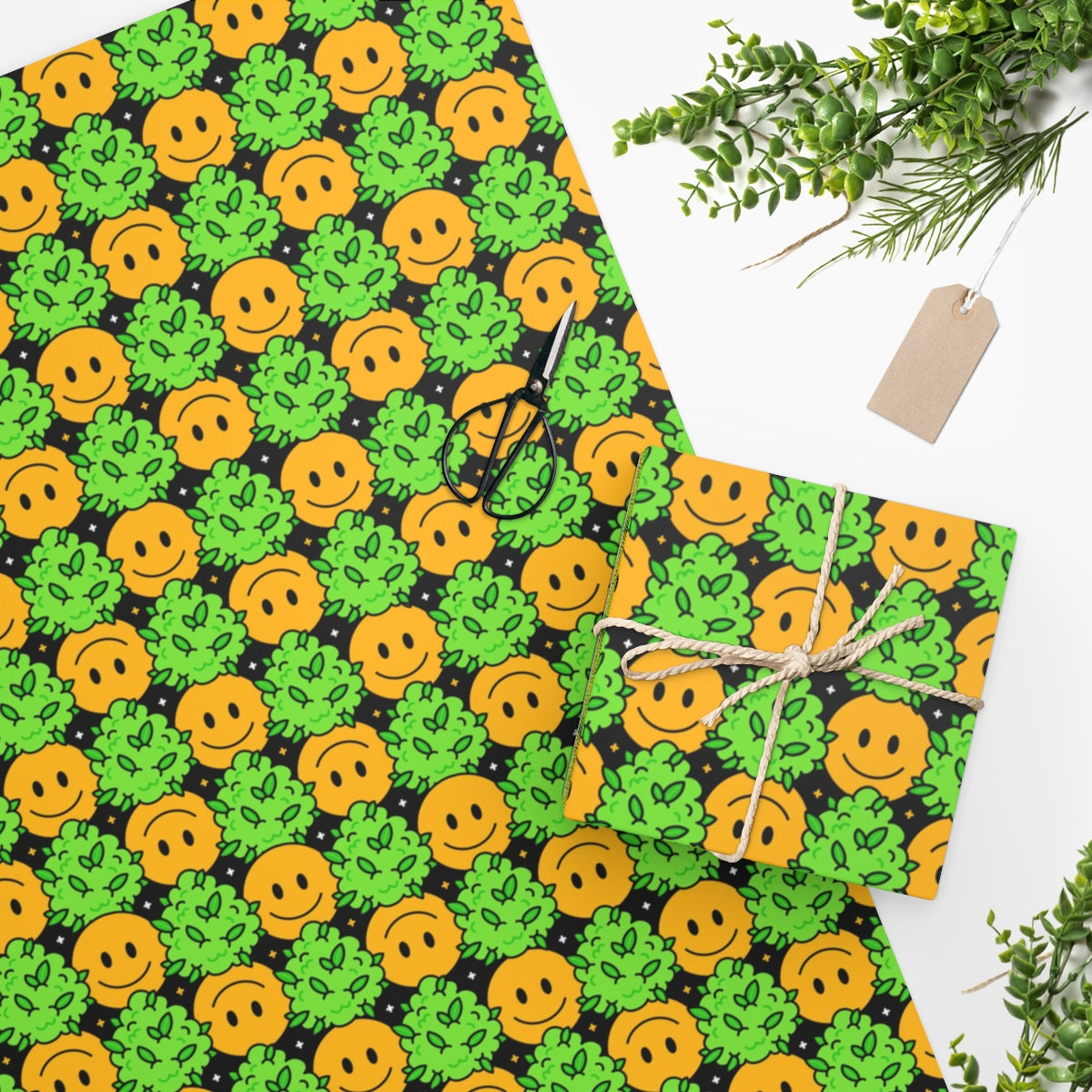 Colorful Trippy Weed & Smiley Wrapping Paper rolled up, showcasing vibrant designs perfect for gift wrapping.