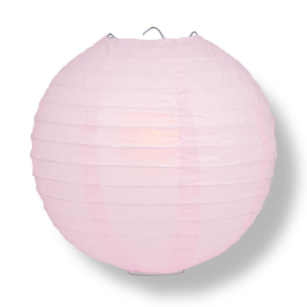 12-inch pink round paper lantern with even ribbing design, perfect for weddings and celebrations.