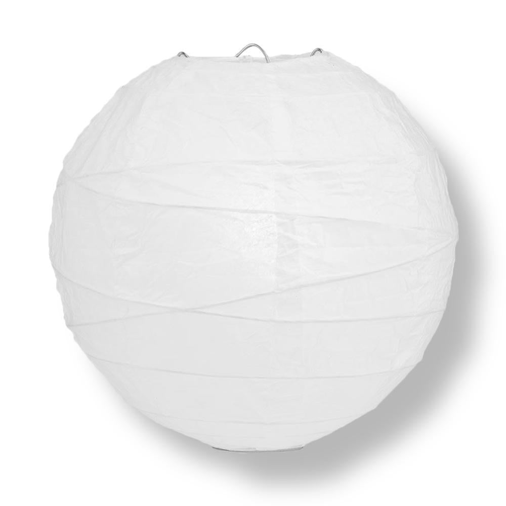 A 12-inch white round paper lantern with crisscross ribbing, elegantly designed for hanging decor at events and celebrations.