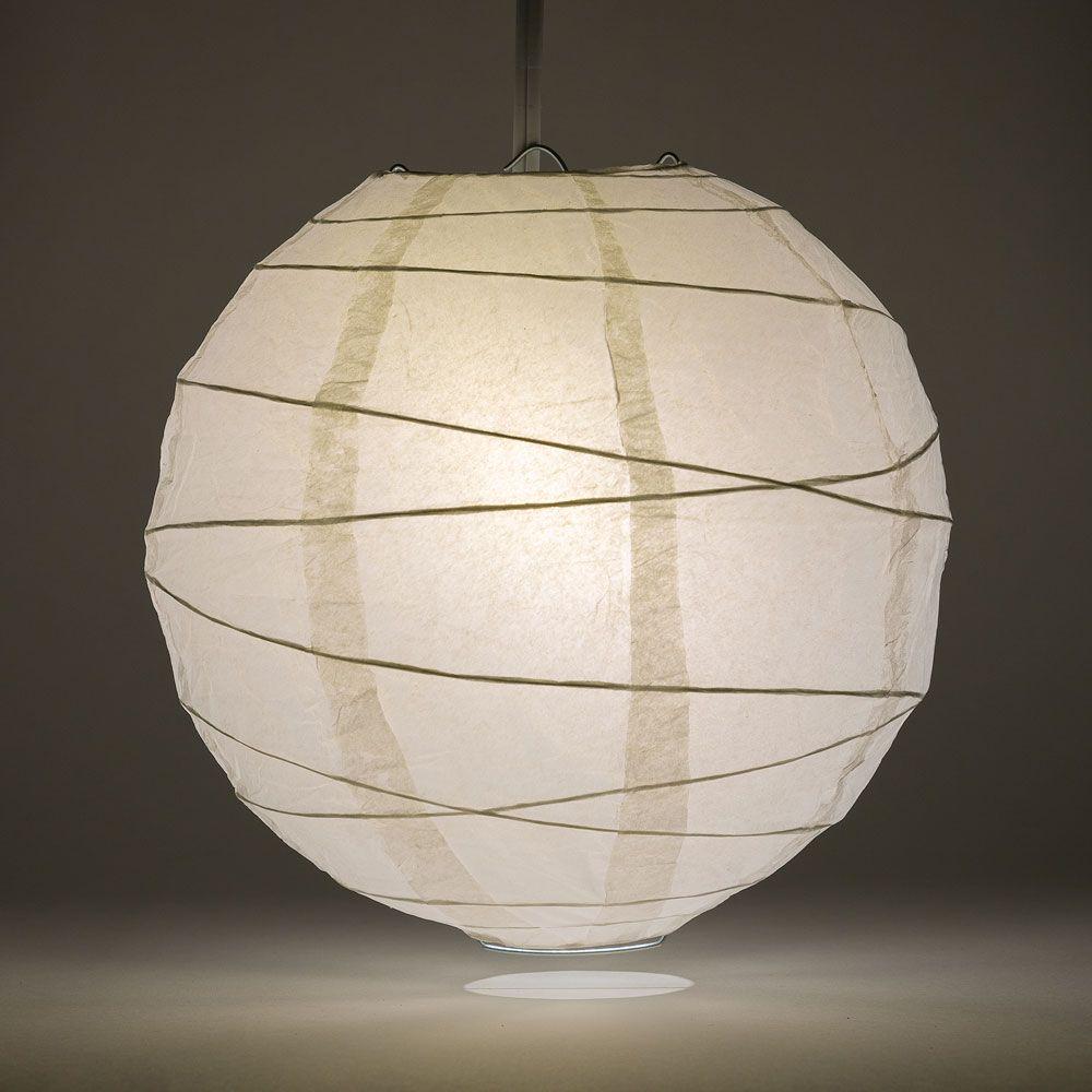 A 12-inch white round paper lantern with crisscross ribbing, elegantly designed for hanging decor at events and celebrations.