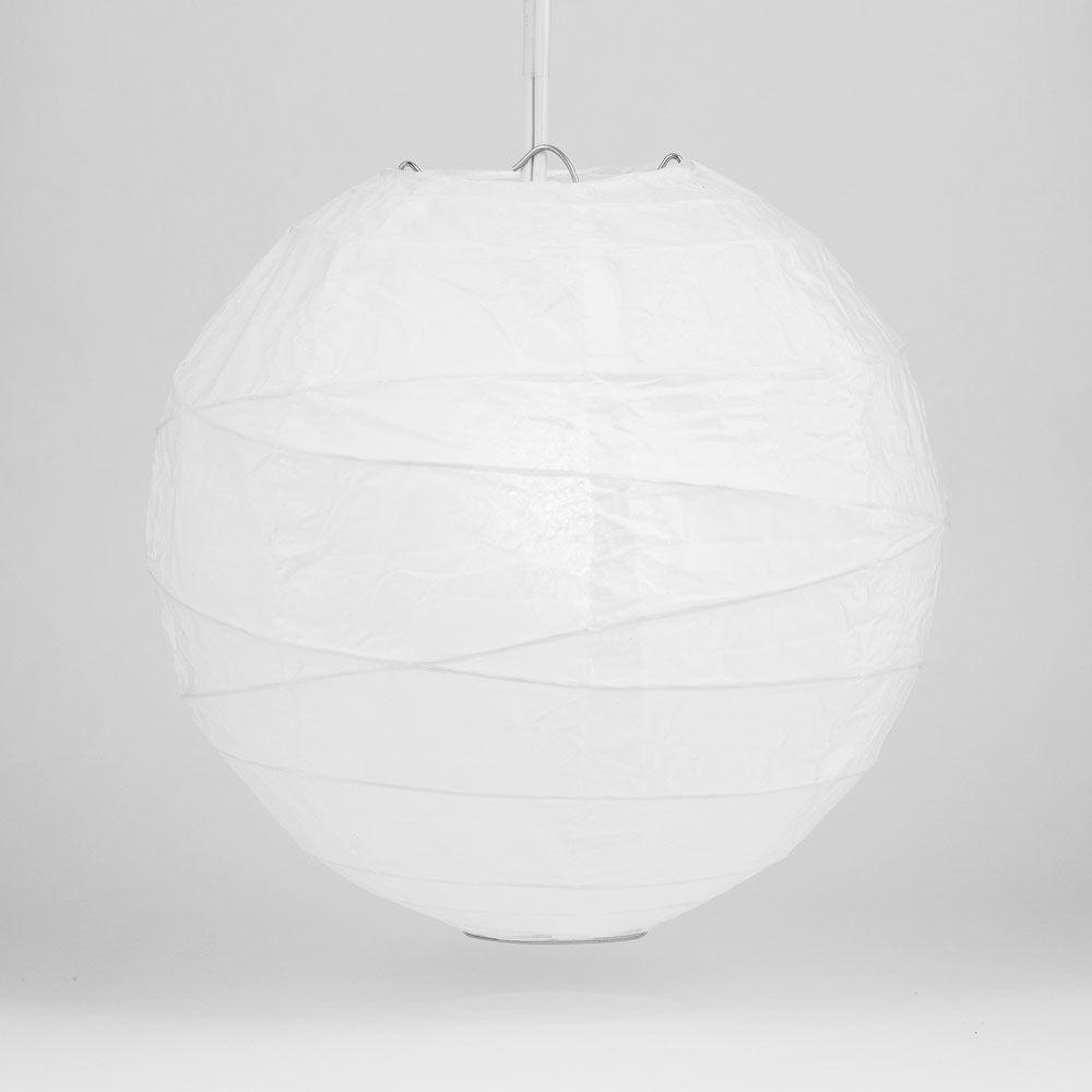 A 12-inch white round paper lantern with crisscross ribbing, elegantly designed for hanging decor at events and celebrations.