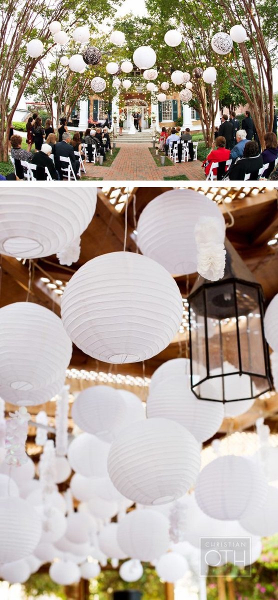 A 12-inch white round paper lantern with crisscross ribbing, elegantly designed for hanging decor at events and celebrations.