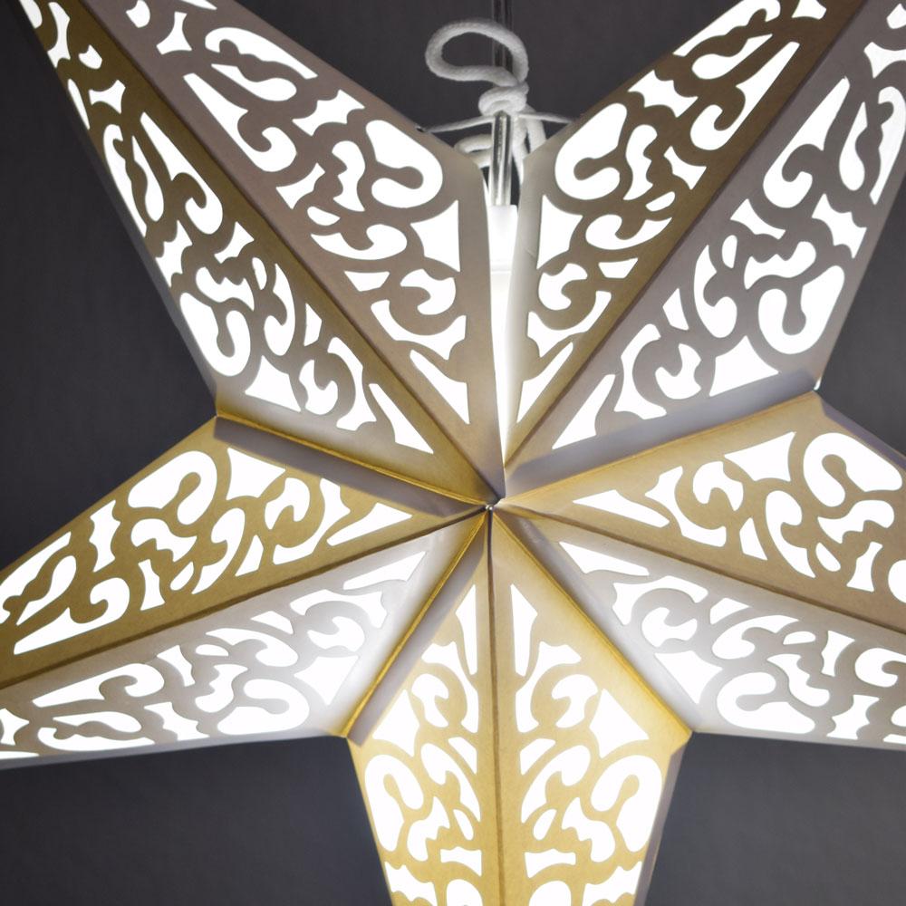 24-inch Atomic White Paper Star Lantern hanging elegantly, perfect for weddings and parties, showcasing its intricate star design.