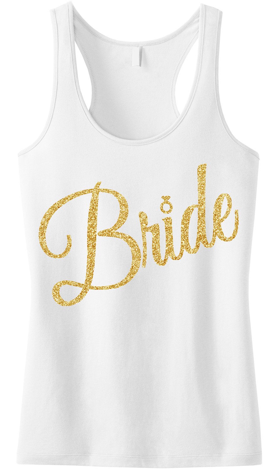 BRIDE Gold Glitter Cursive Tank Top displayed on a mannequin, featuring a soft white fabric with shimmering gold cursive lettering.