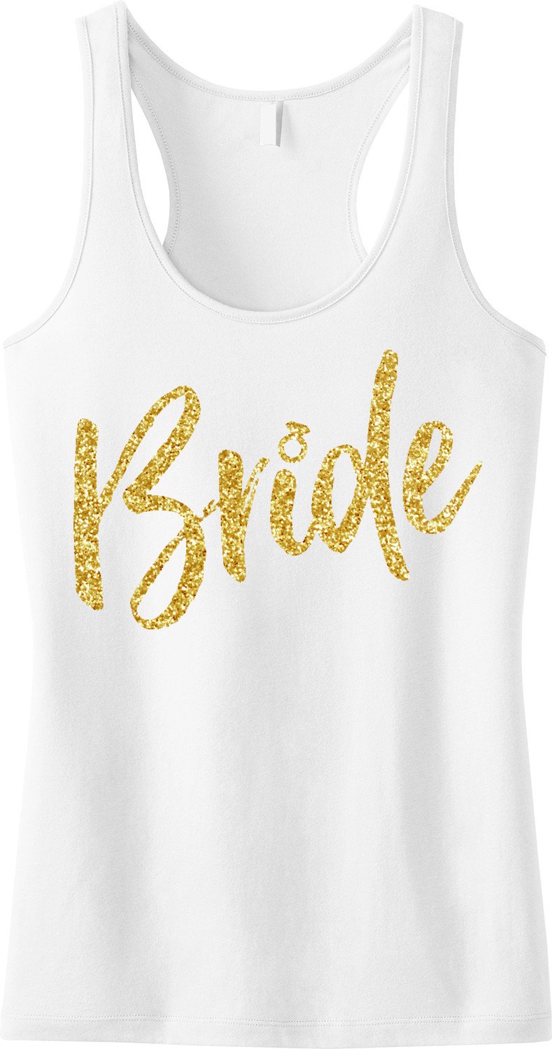 BRIDE Gold Glitter Script Tank Top in white with gold glitter lettering, showcasing a relaxed fit and soft fabric.