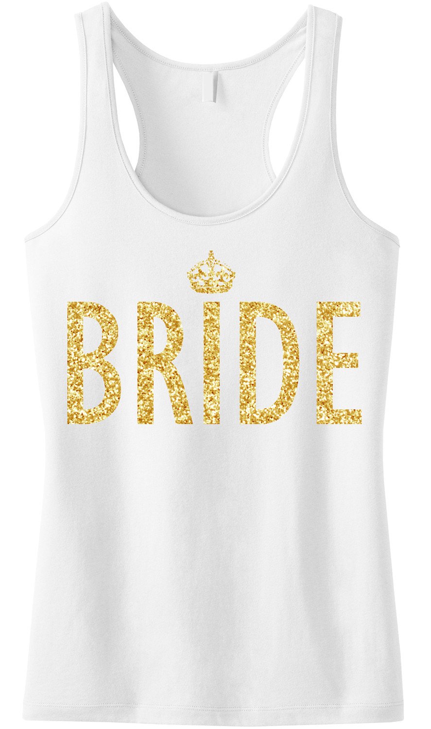 BRIDE Gold Glitter Tank Top displayed on a mannequin, featuring a sparkling gold glitter design on a white background.