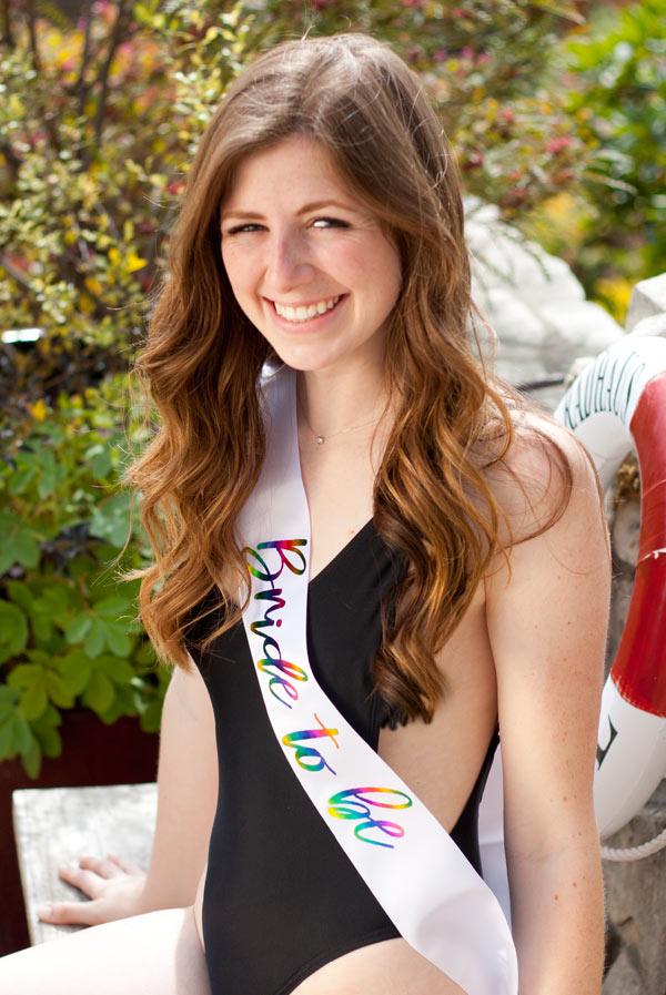 Bride To Be Foil Sash featuring vibrant rainbow foil on white satin ribbon, elegantly displayed in a box.