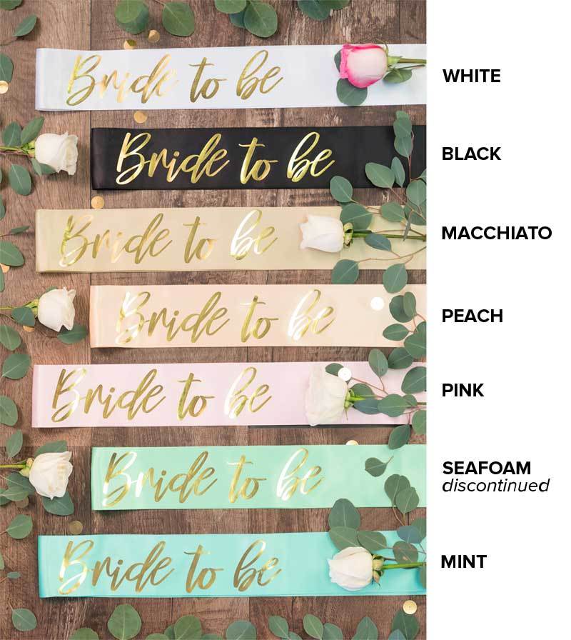 Bride To Be Gold Foil Sash in various colors, showcasing luxurious satin and shiny gold foil design.