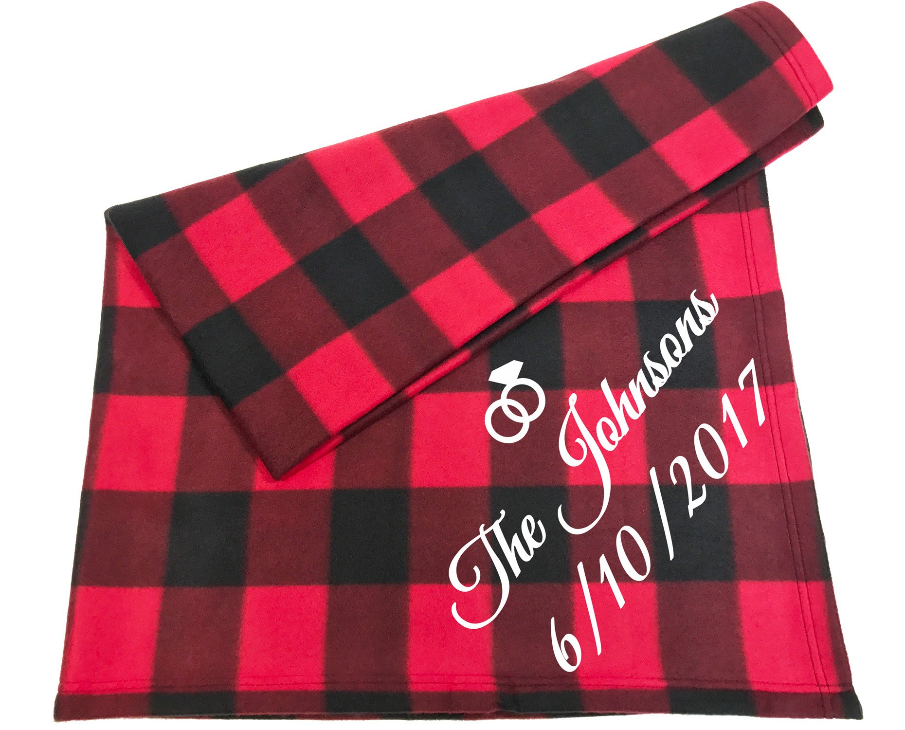 Custom Couples Blanket featuring elegant cursive names and date on soft poly fleece, available in various colors.