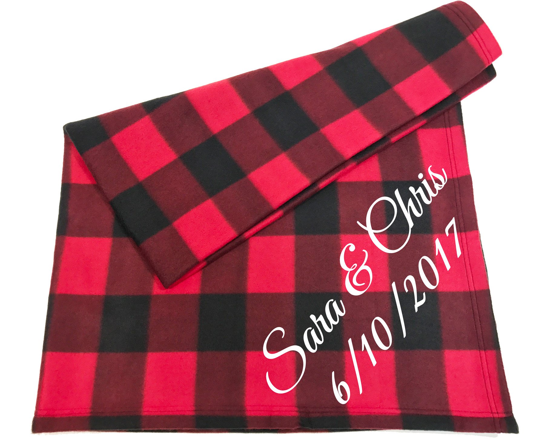 Custom Couples Blanket featuring elegant cursive names and date on soft poly fleece, available in various colors.