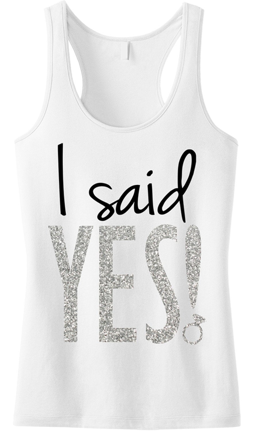 I Said YES! Bride Silver Glitter White Tank Top featuring a stylish design with glitter text and a racerback style.