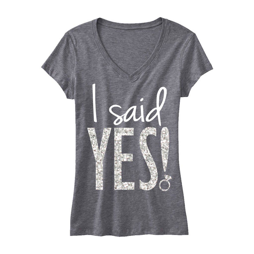 I Said YES! Glitter Bride Shirt in gray with sparkling text, showcasing a stylish V-neck design.