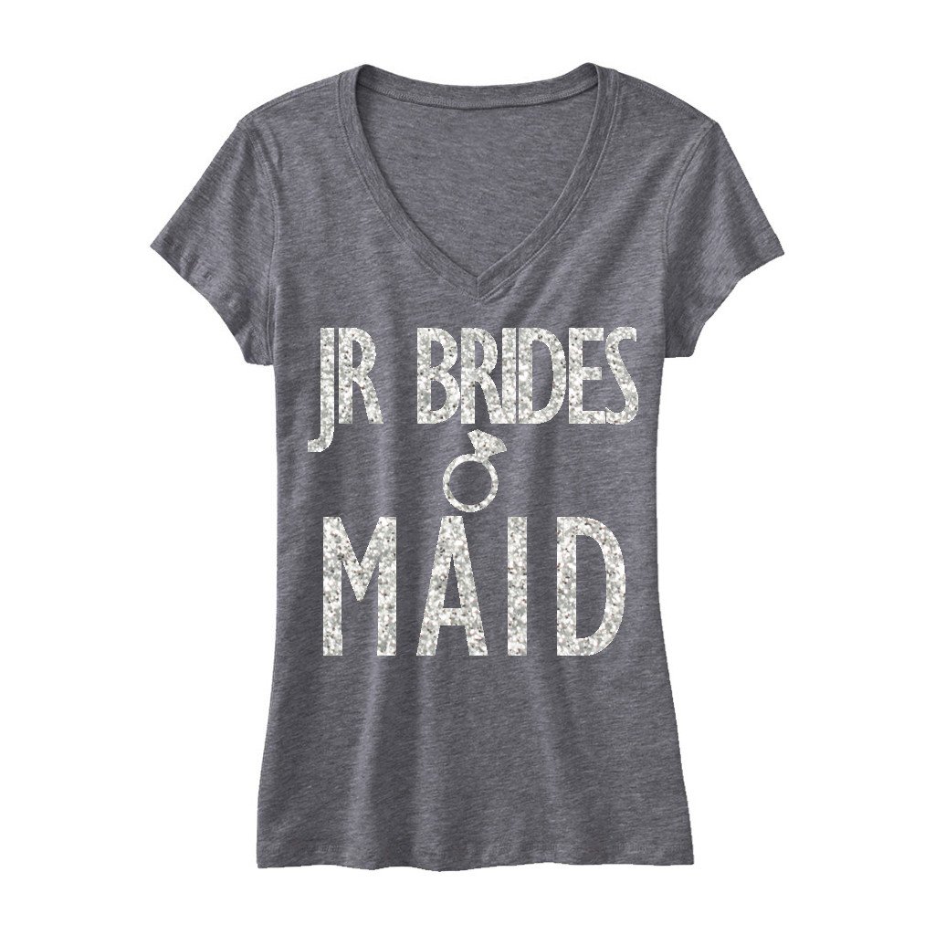 Gray V-neck JR Bridesmaid shirt featuring a sparkling glitter print, perfect for junior bridesmaids.