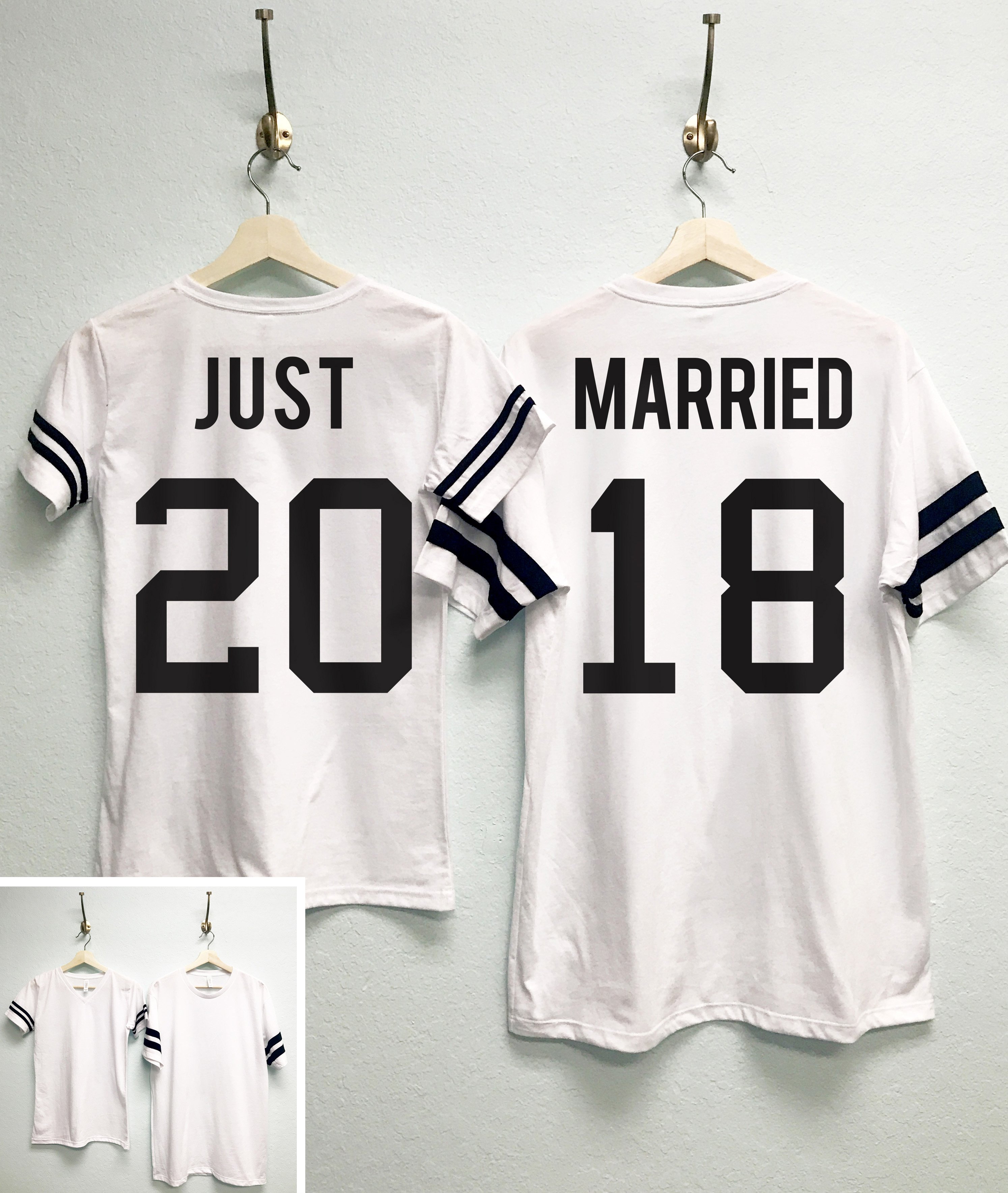 A couple wearing matching JUST MARRIED baseball tees, showcasing their love and personalization with custom numbers.