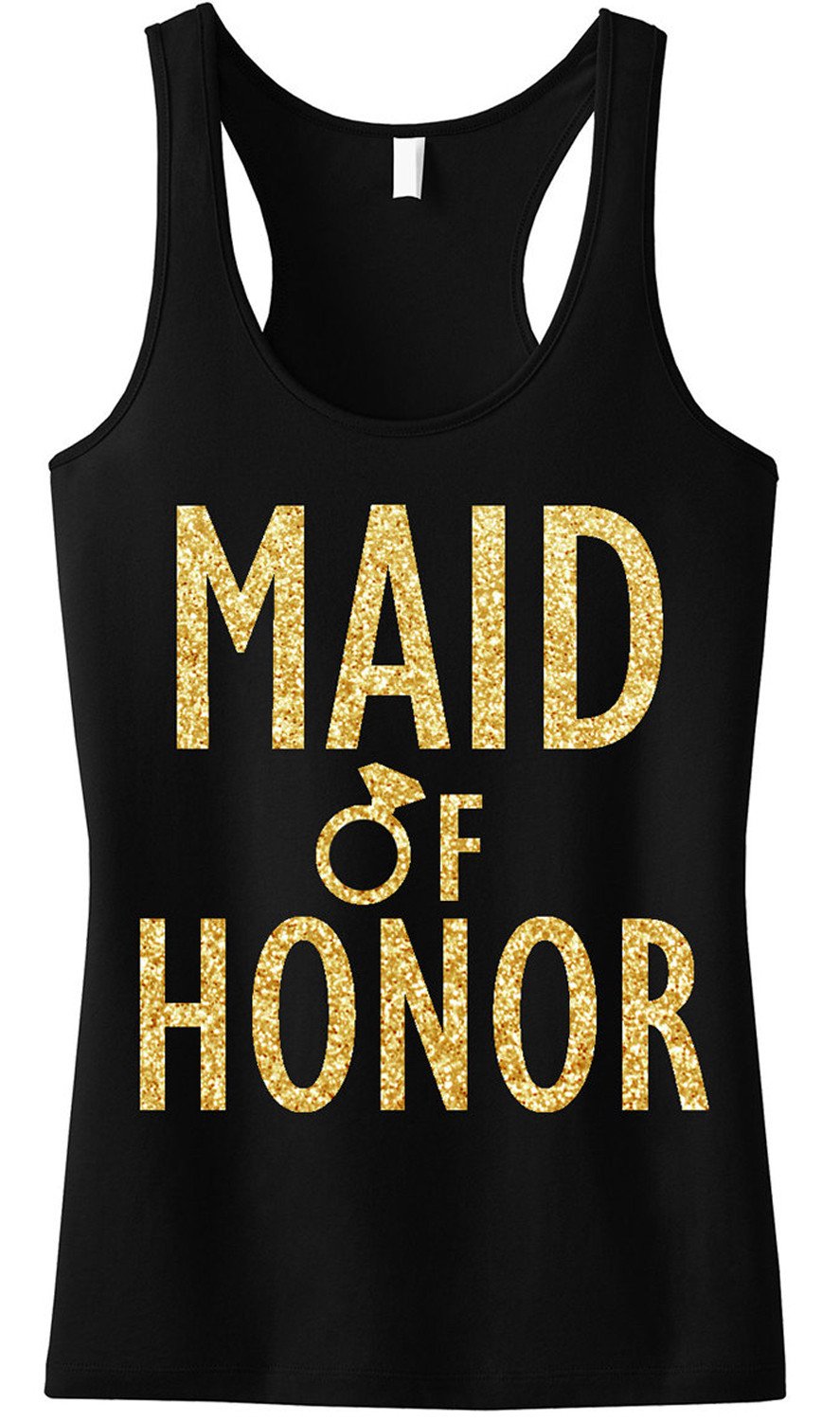 MAID of HONOR Gold Glitter Tank Top displayed on a mannequin, showcasing its stylish design and glittery text.