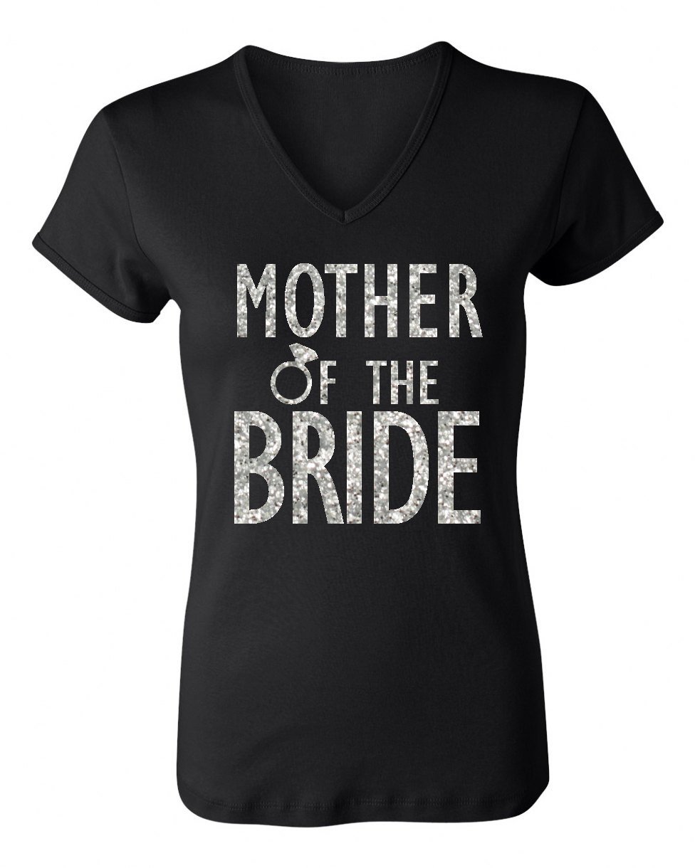 Black V-neck shirt with glitter text saying 'Mother of the Bride', showcasing a stylish and elegant design.