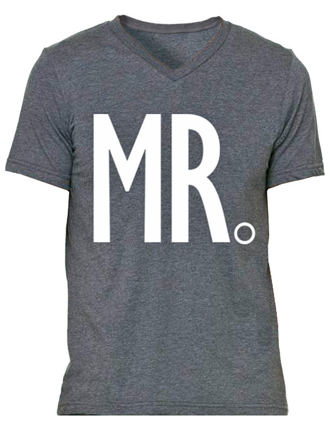 MR. Groom Gray V-neck shirt displayed on a hanger, showcasing its stylish design and soft fabric.