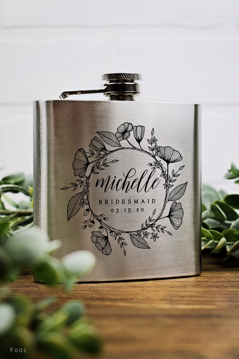 Personalized bridesmaid flask with engraving.