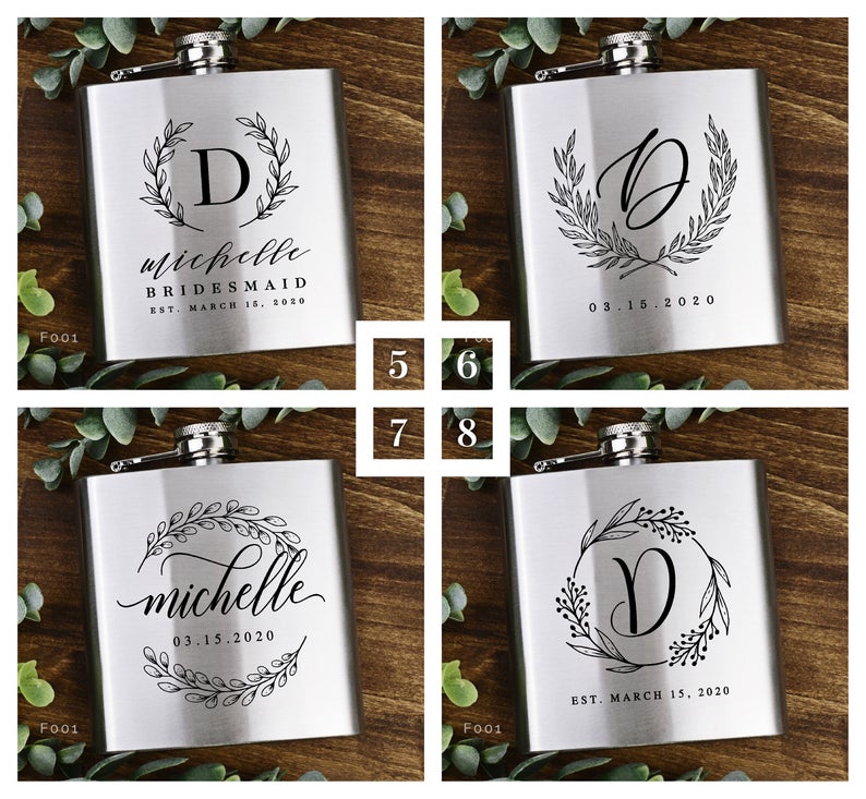 Personalized engraved decorative metal flasks.