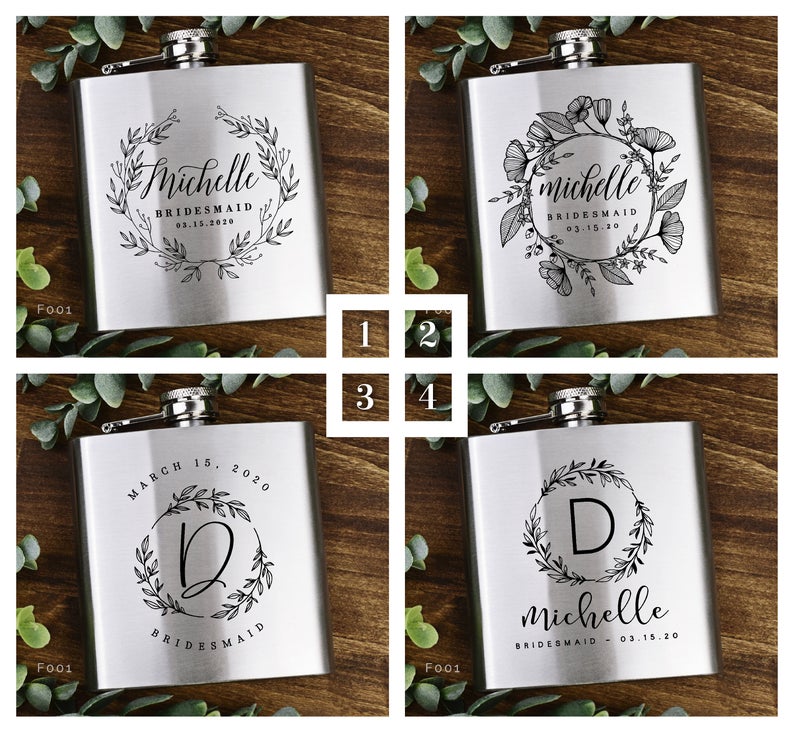 Four personalized bridesmaid flasks.