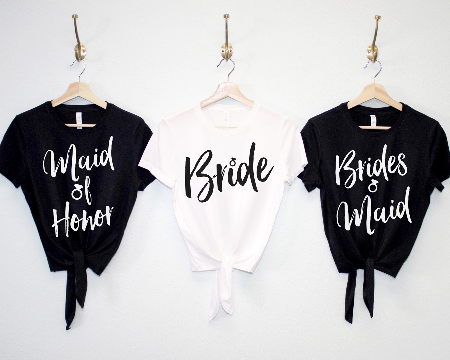 A stylish collection of Wedding Crop Top Shirts with front ties, featuring designs for brides and bridal party members in black and white.