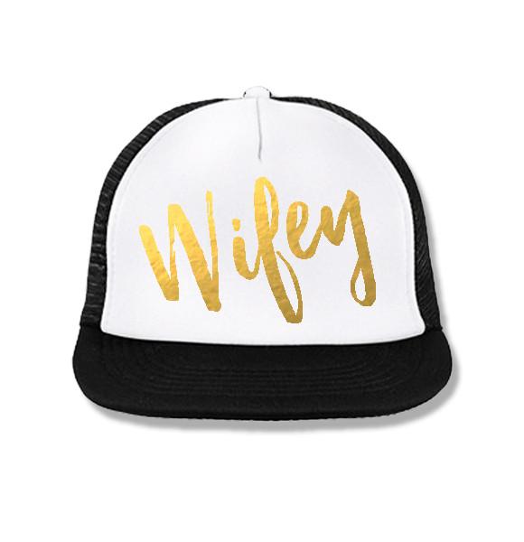 WIFEY Trucker Hat in white featuring elegant gold foil print, perfect for weddings and bachelorette parties.