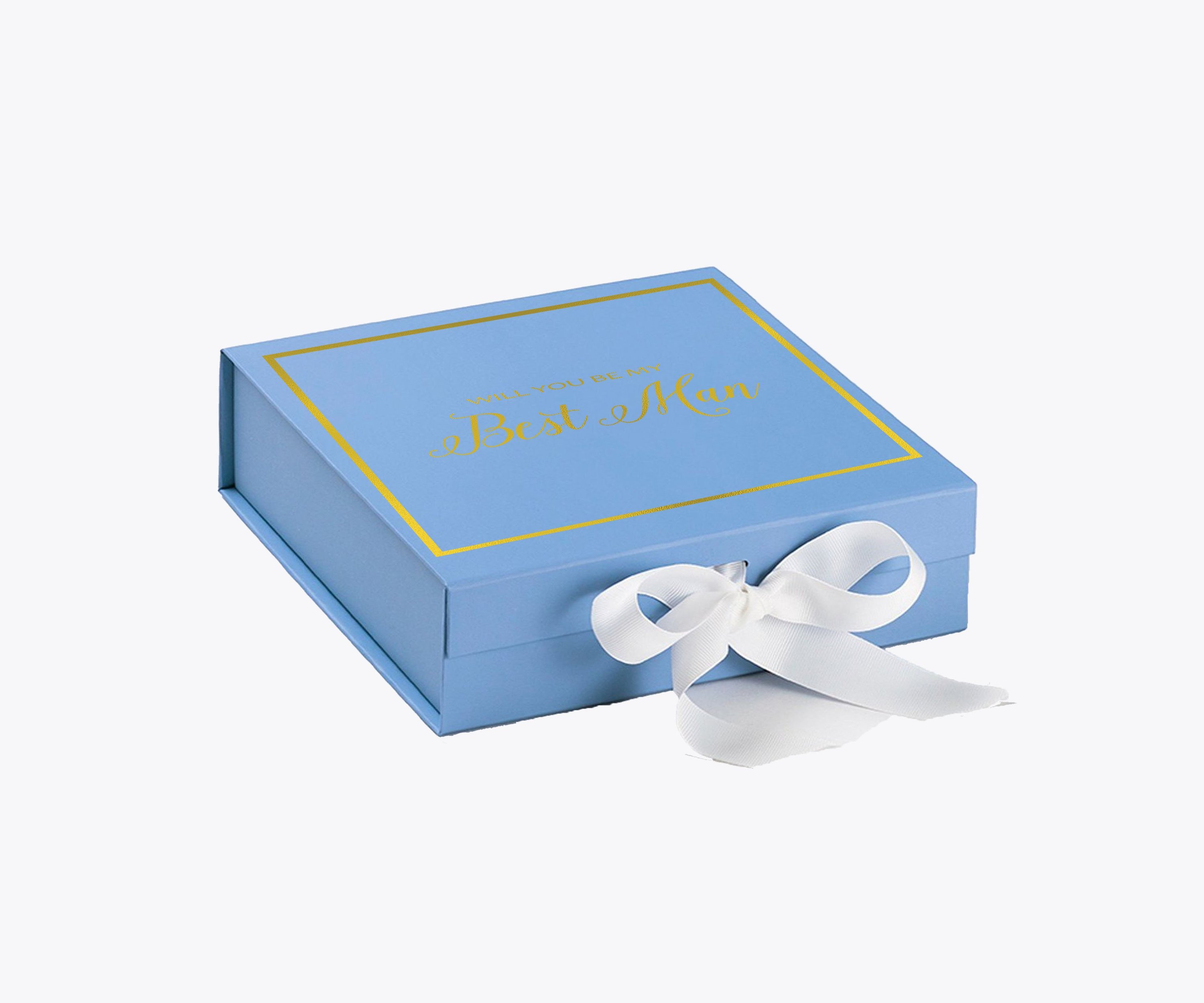 Light blue proposal box with white bow and metallic writing, perfect for Best Man proposals.