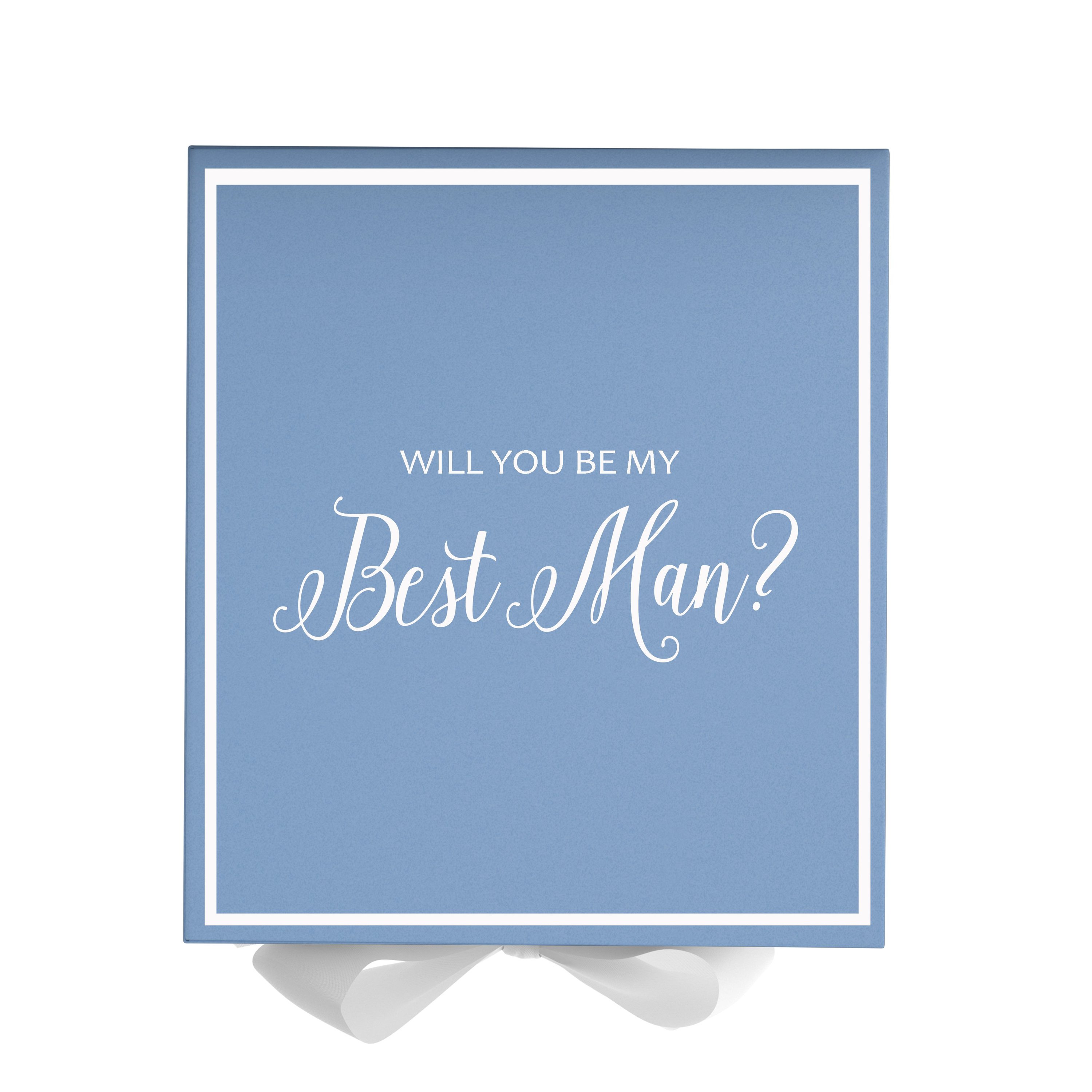 Light blue proposal box with white bow and metallic writing, perfect for Best Man proposals.