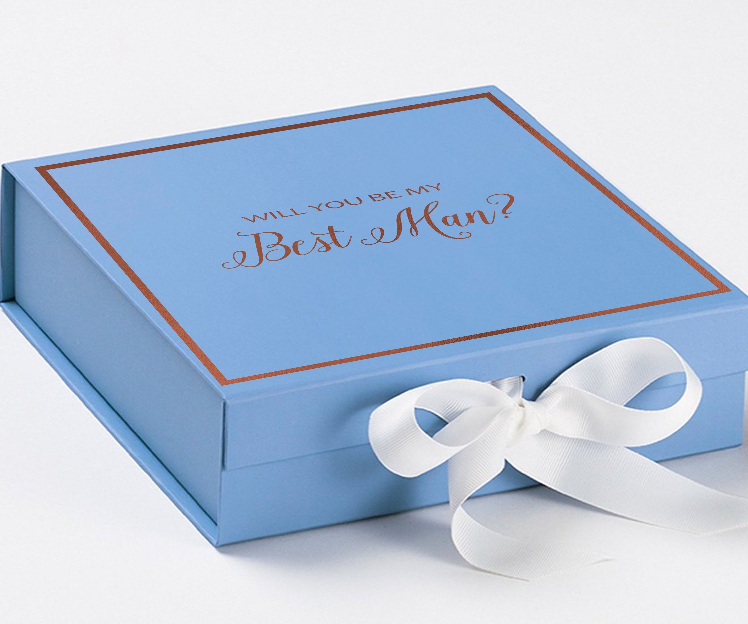 Light blue proposal box with white bow and metallic writing, perfect for Best Man proposals.