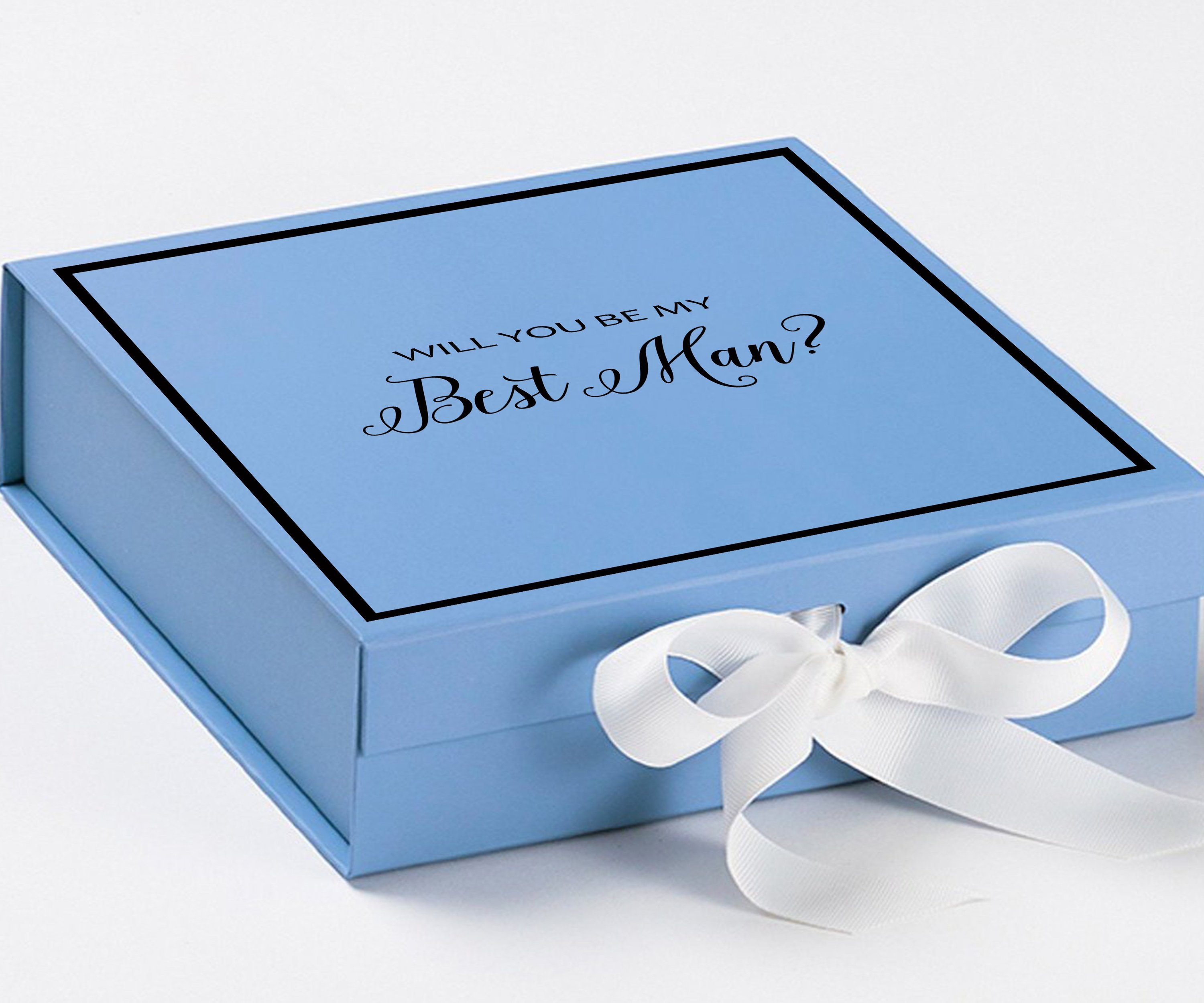 Light blue proposal box with white bow and metallic writing, perfect for Best Man proposals.