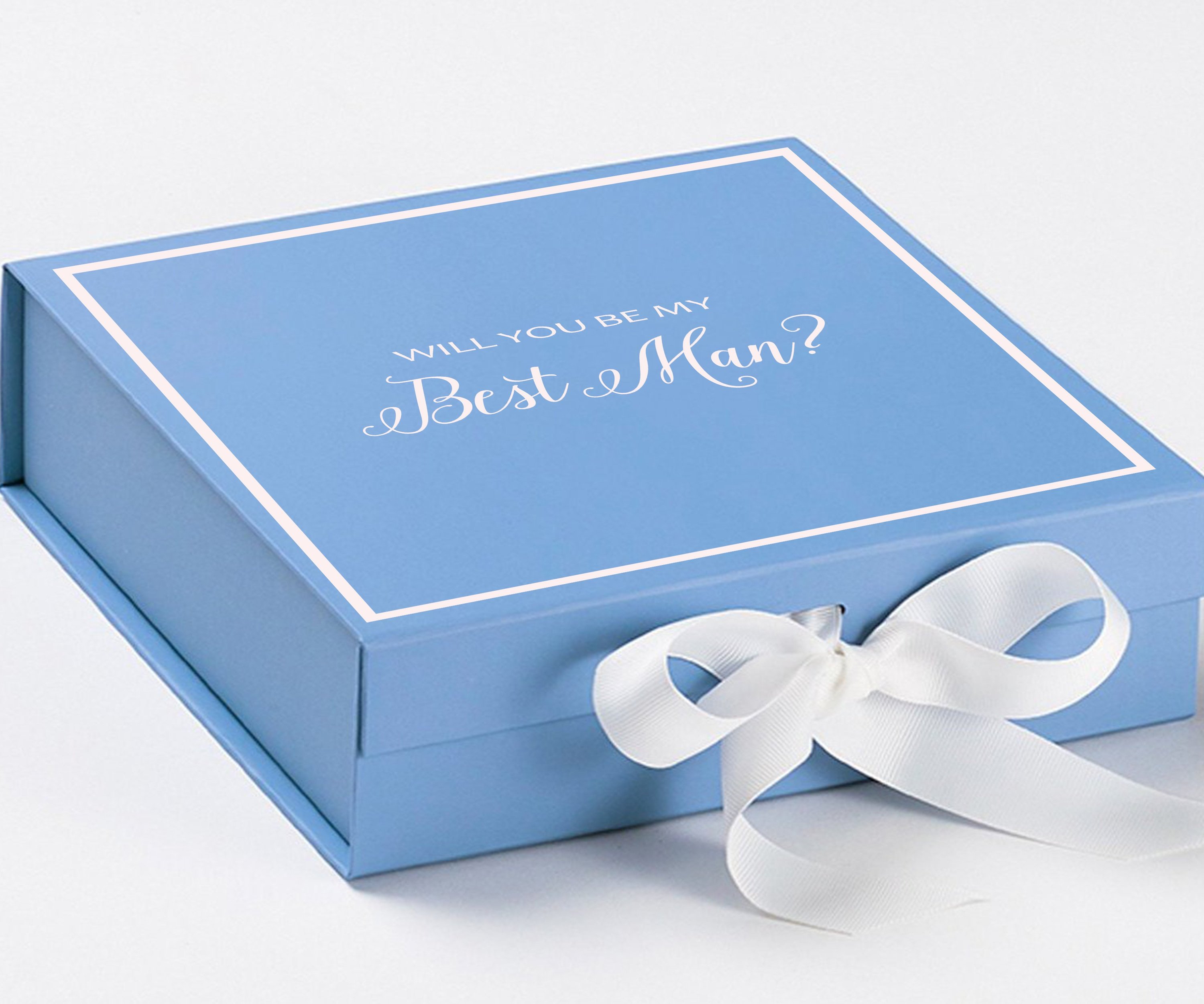 Light blue proposal box with white bow and metallic writing, perfect for Best Man proposals.