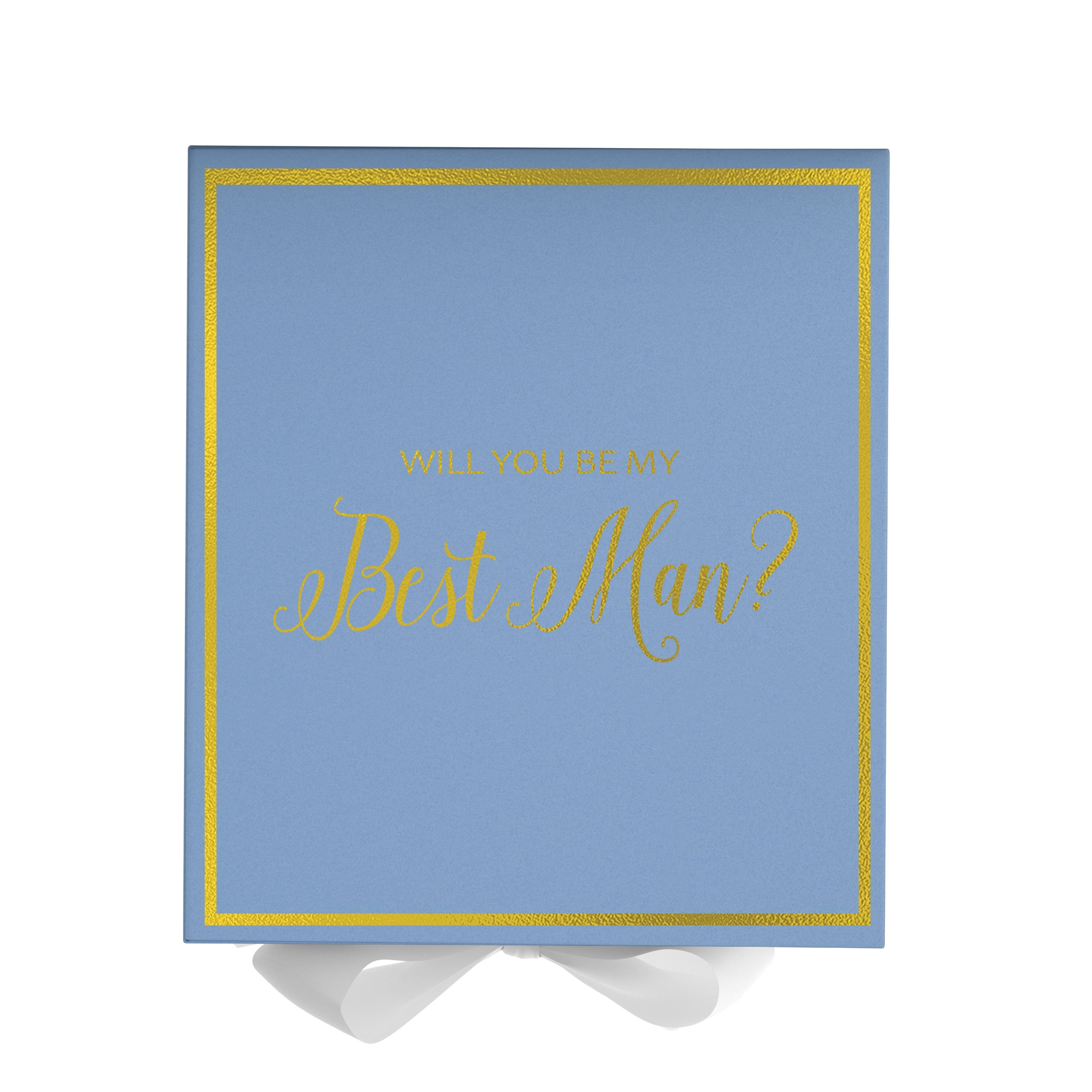 Light blue proposal box with white bow and metallic writing, perfect for Best Man proposals.