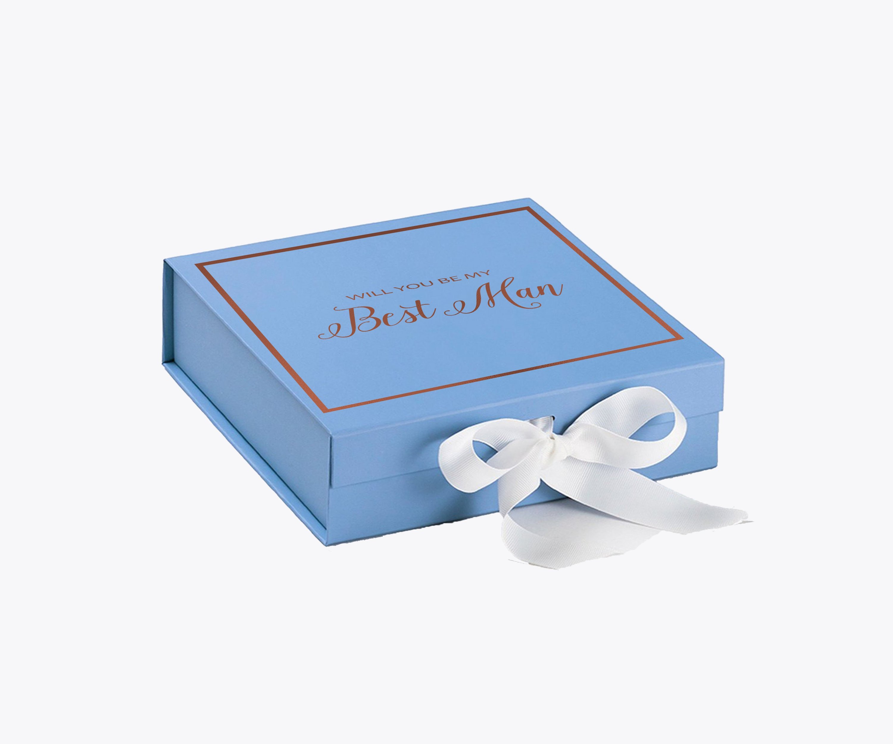 Light blue proposal box with white bow and metallic writing, perfect for Best Man proposals.